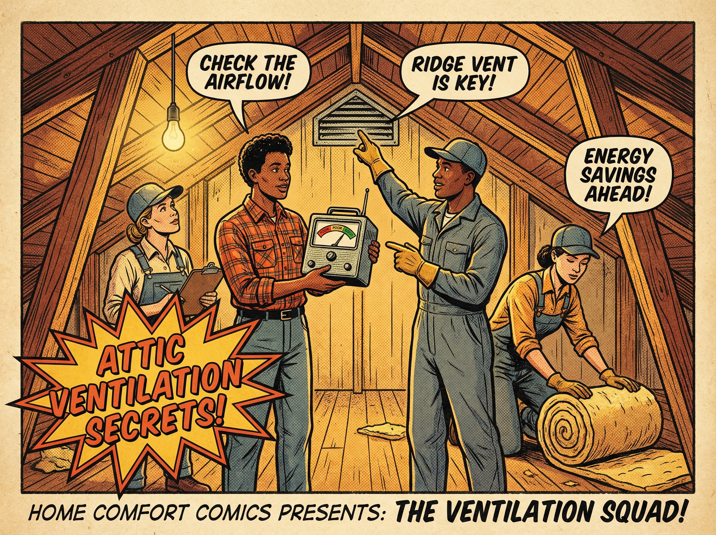 In a vintage-inspired attic space, a diverse group of home improvement professionals is actively examining the ceiling insula