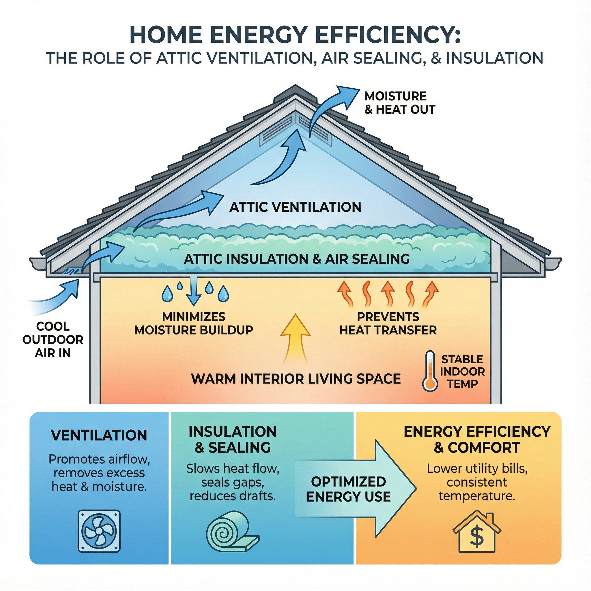 An informative diagram showcasing the relationship between attic ventilation, air sealing, and insulation in maintaining home