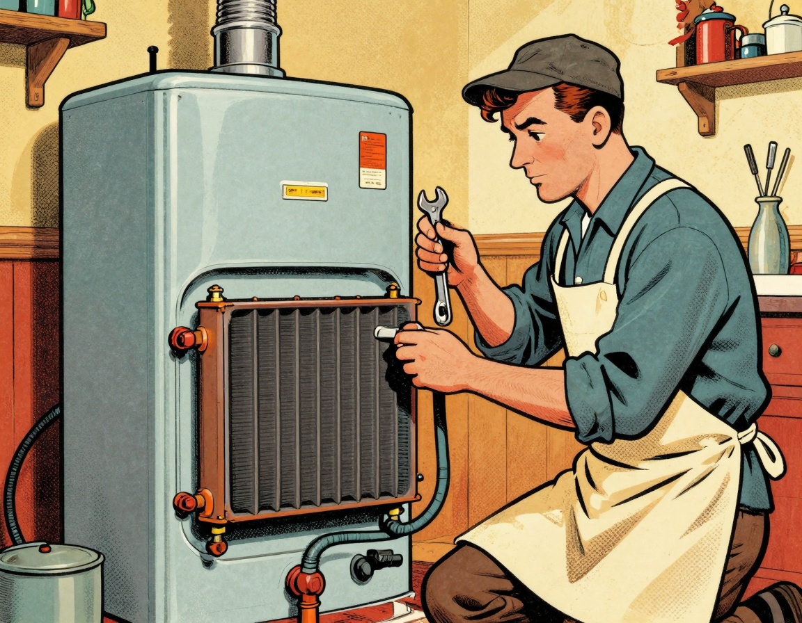 A vintage-style illustration depicting a technician inspecting a modern gas furnace, showcasing the heat exchanger system