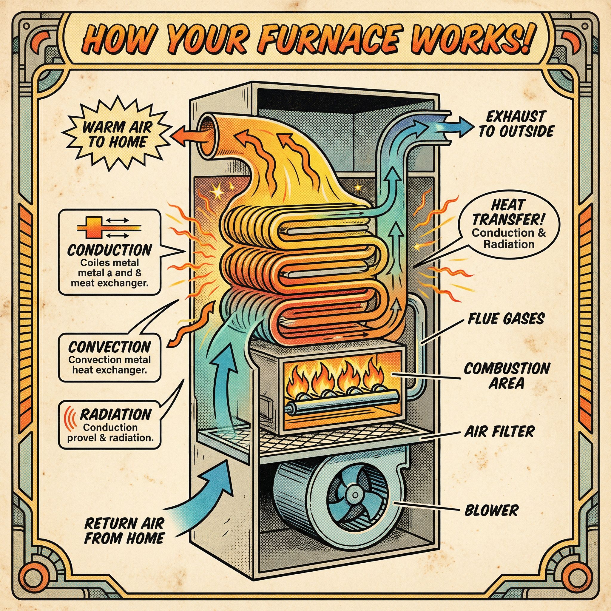 A cross-section illustration of a modern gas furnace showcasing the heat exchanger in action