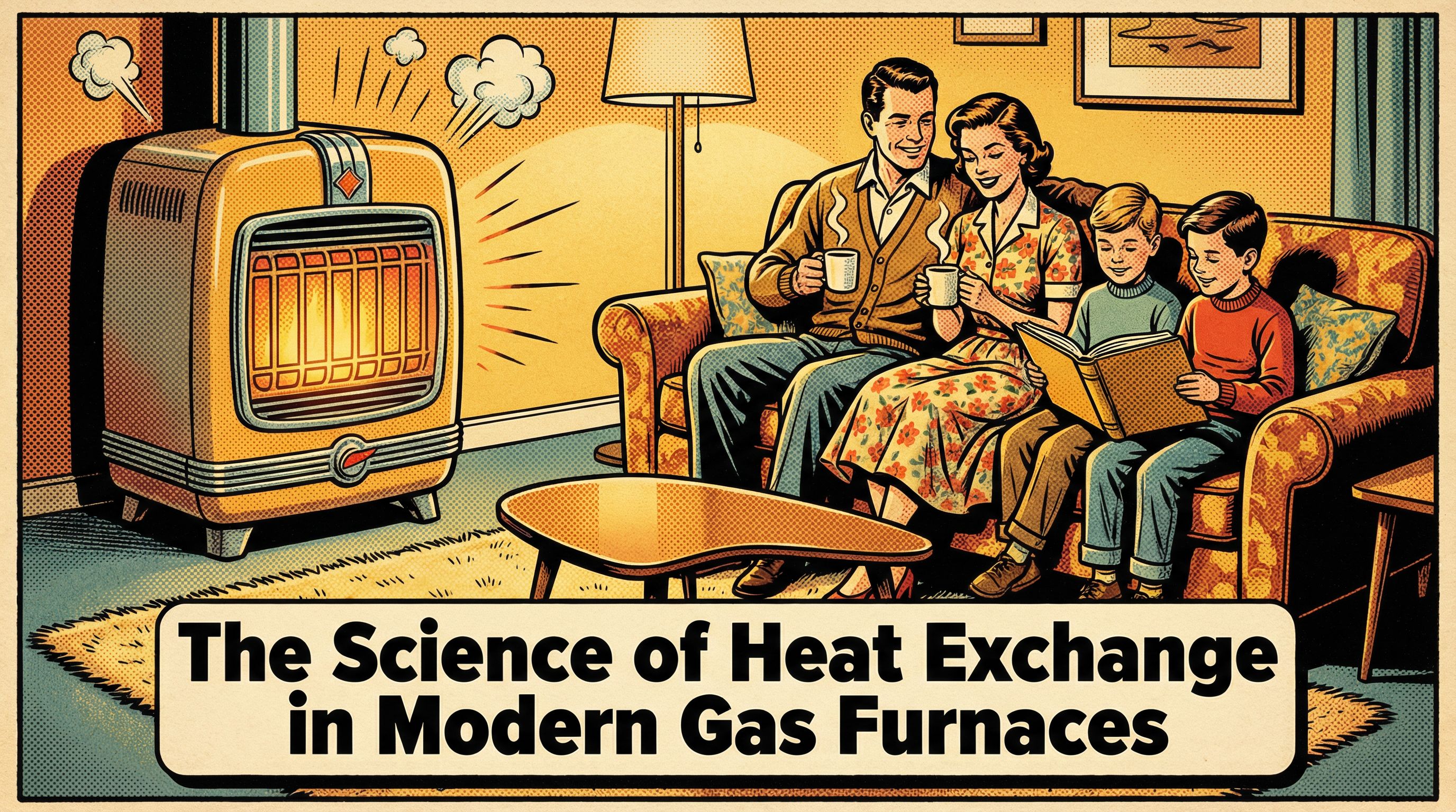 A vintage-inspired scene depicting a family gathered in a cozy living room with a modern gas furnace in operation