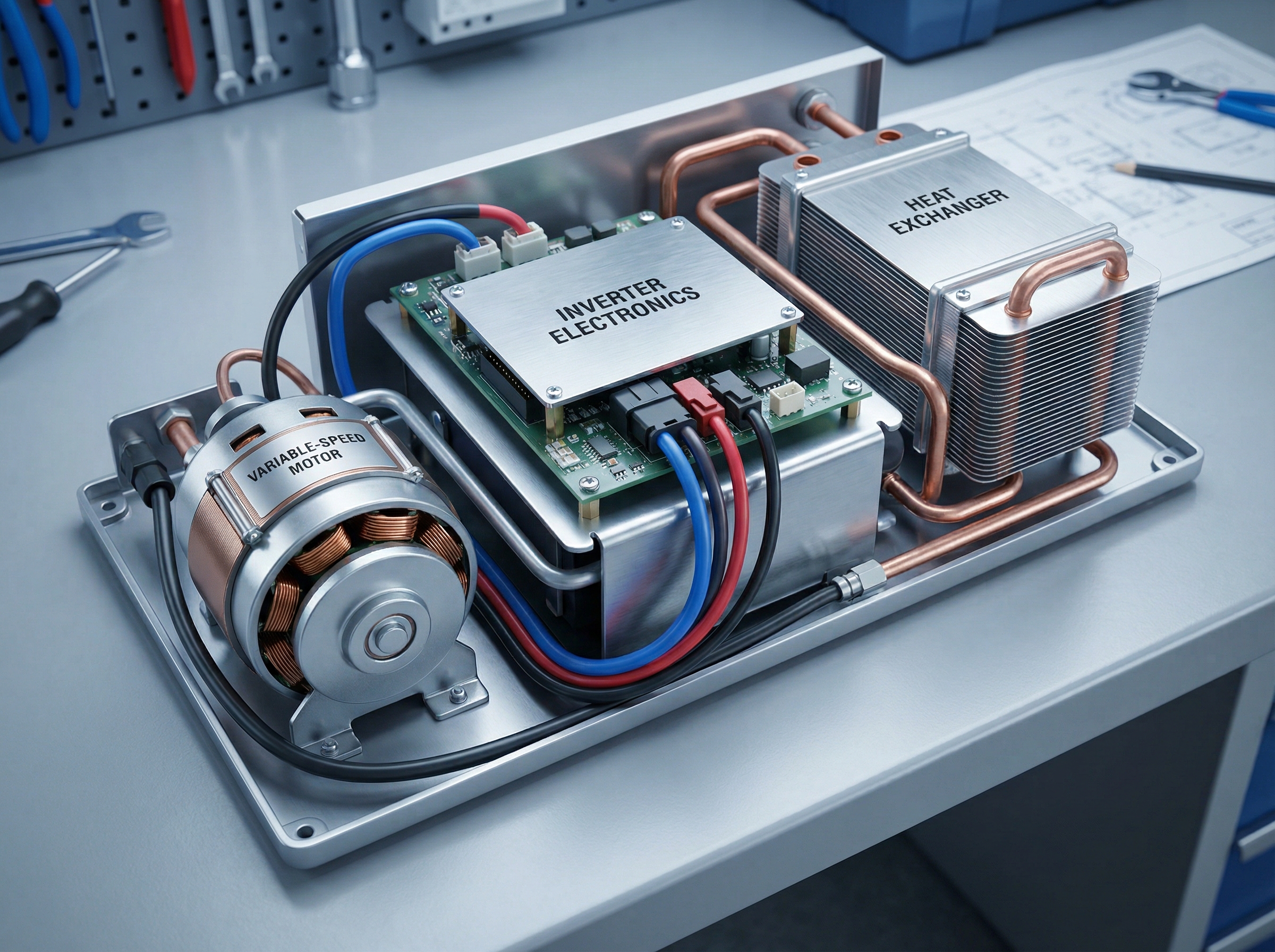 A high-quality illustration of the interior components of a modern electric heat pump system, showcasing the key elements suc