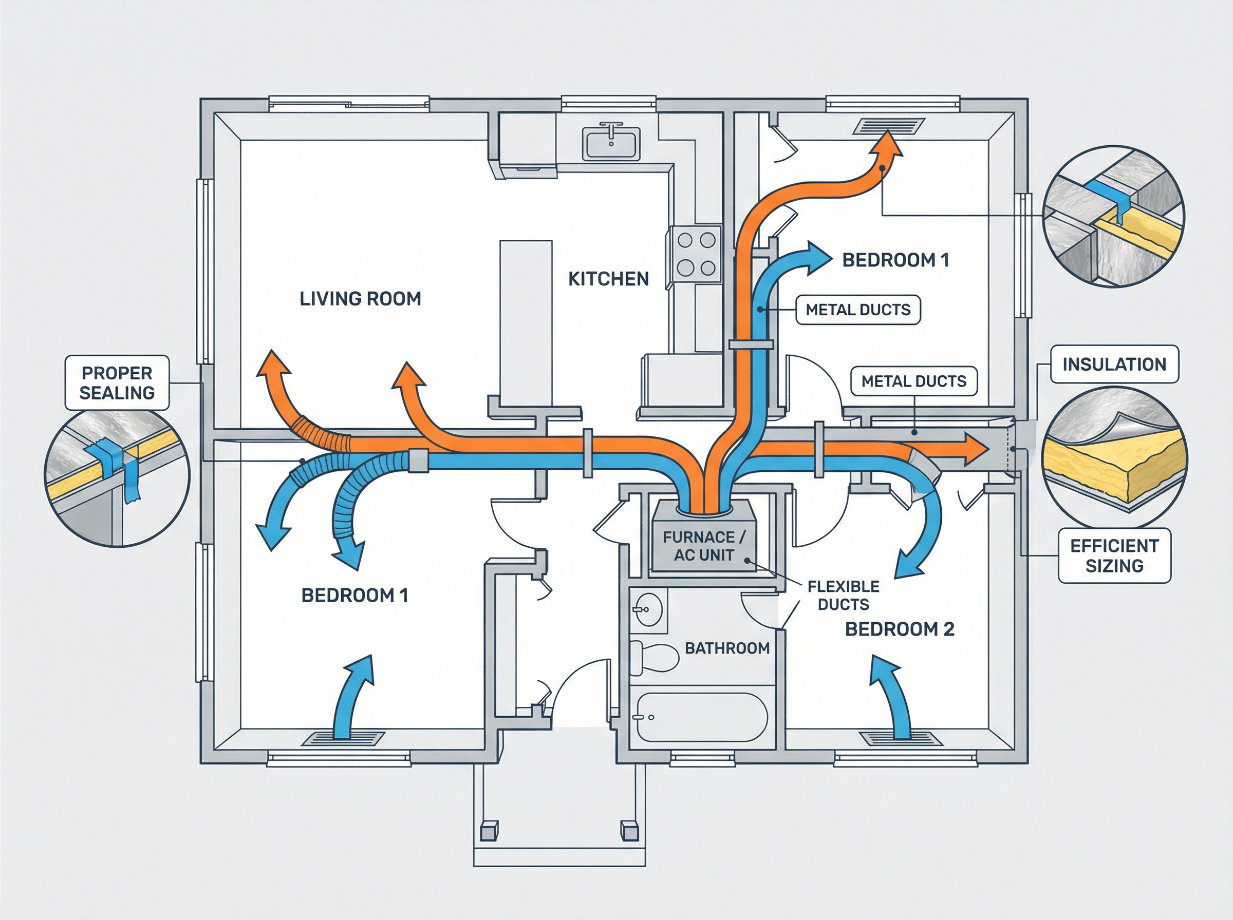 An illustration showing a well-designed duct system in a modern home, clearly depicting the airflow through ducts connecting 