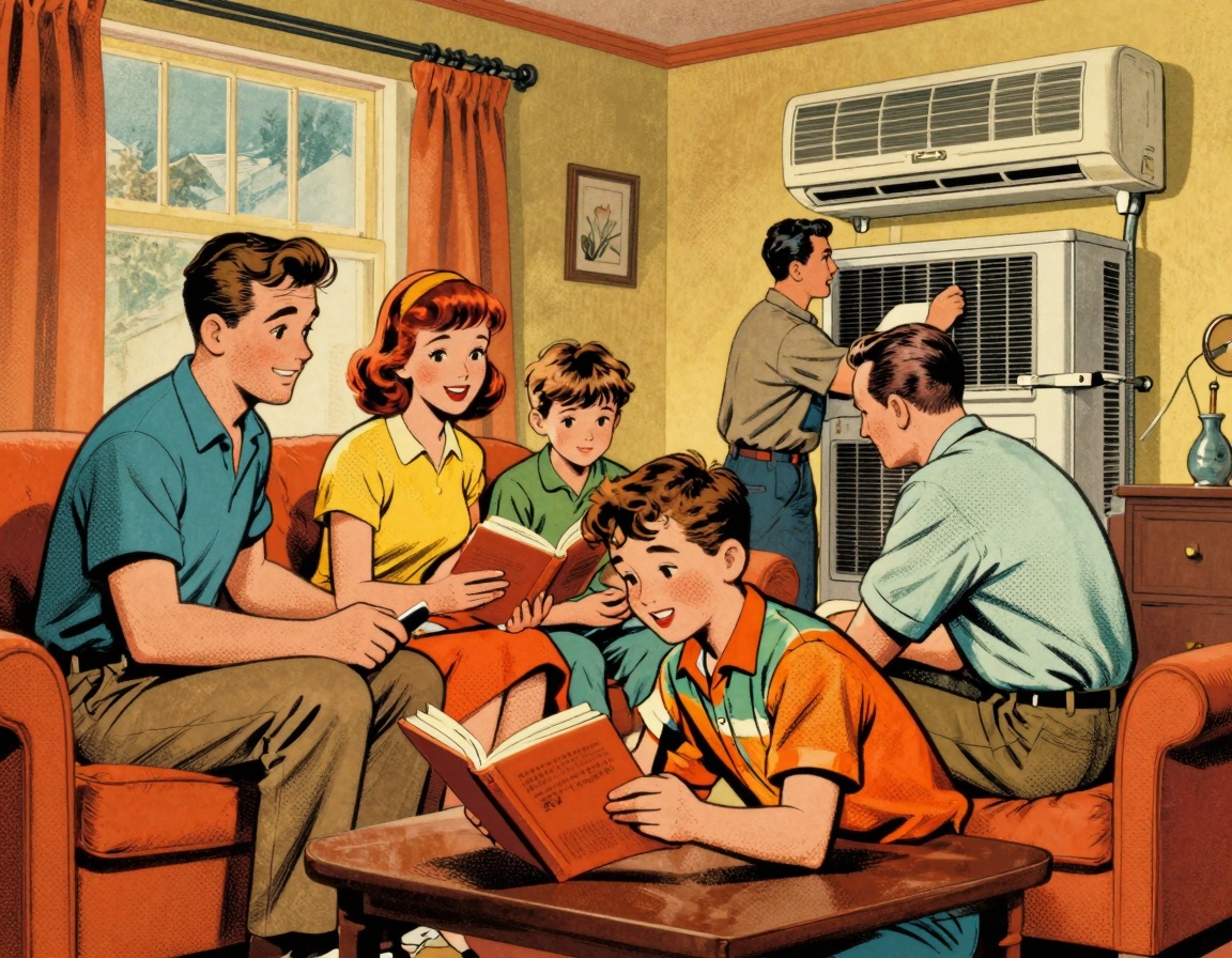 A family gathered in a cozy living room, enjoying a comfortable atmosphere while a technician installs a furnace and air cond