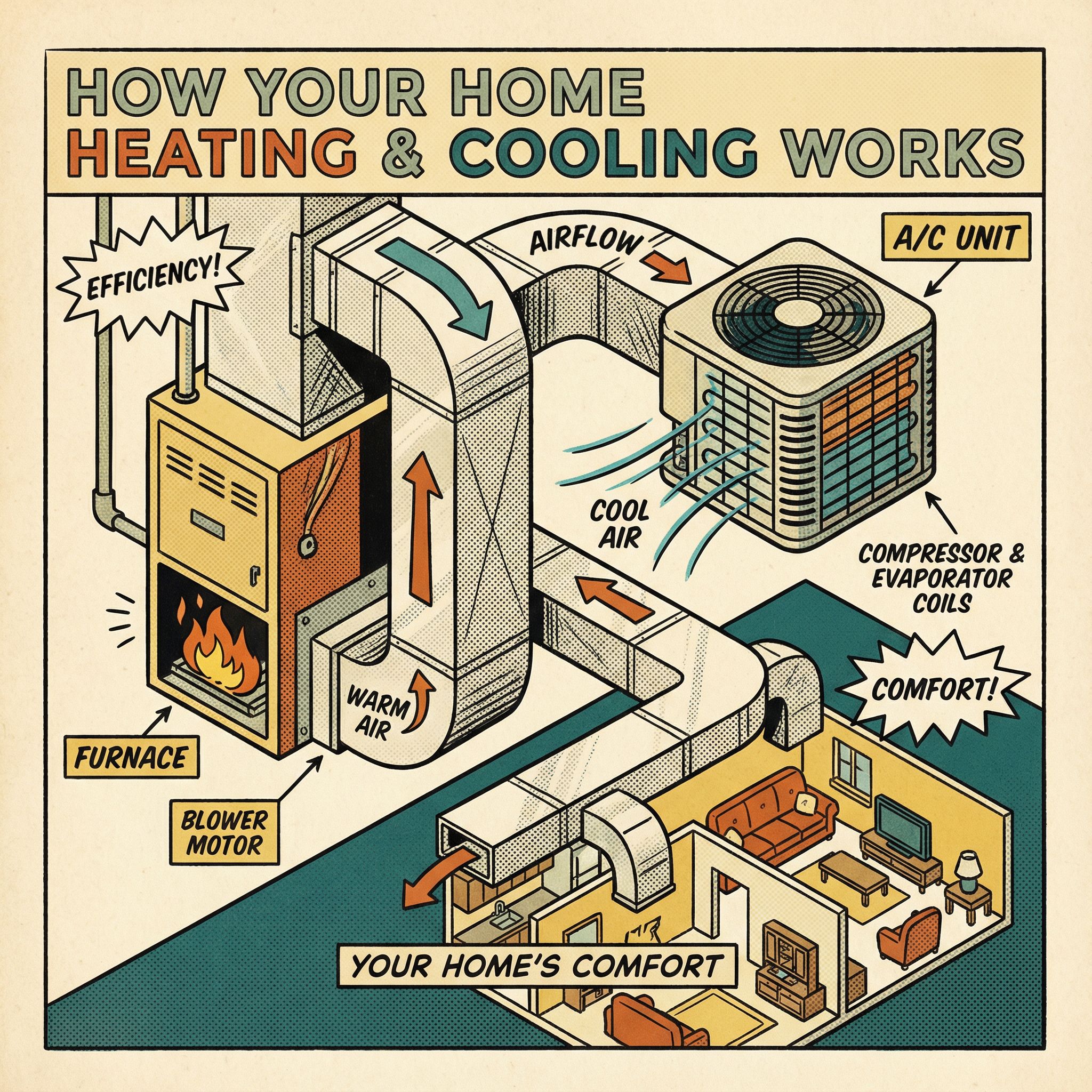A detailed cutaway view of a furnace and central air conditioning unit, showcasing their internal components and how they con