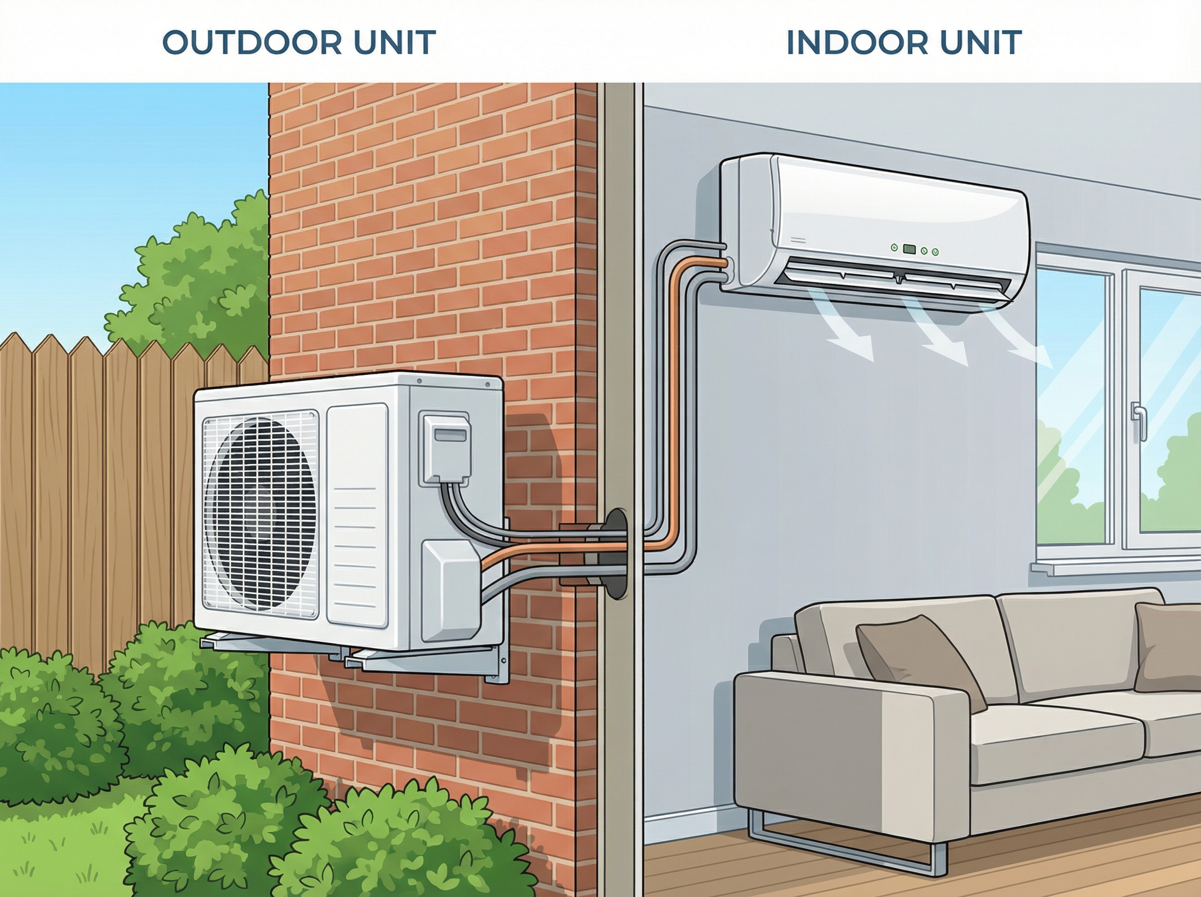 A detailed illustration of a ductless mini split air conditioner setup, featuring both the outdoor and indoor units