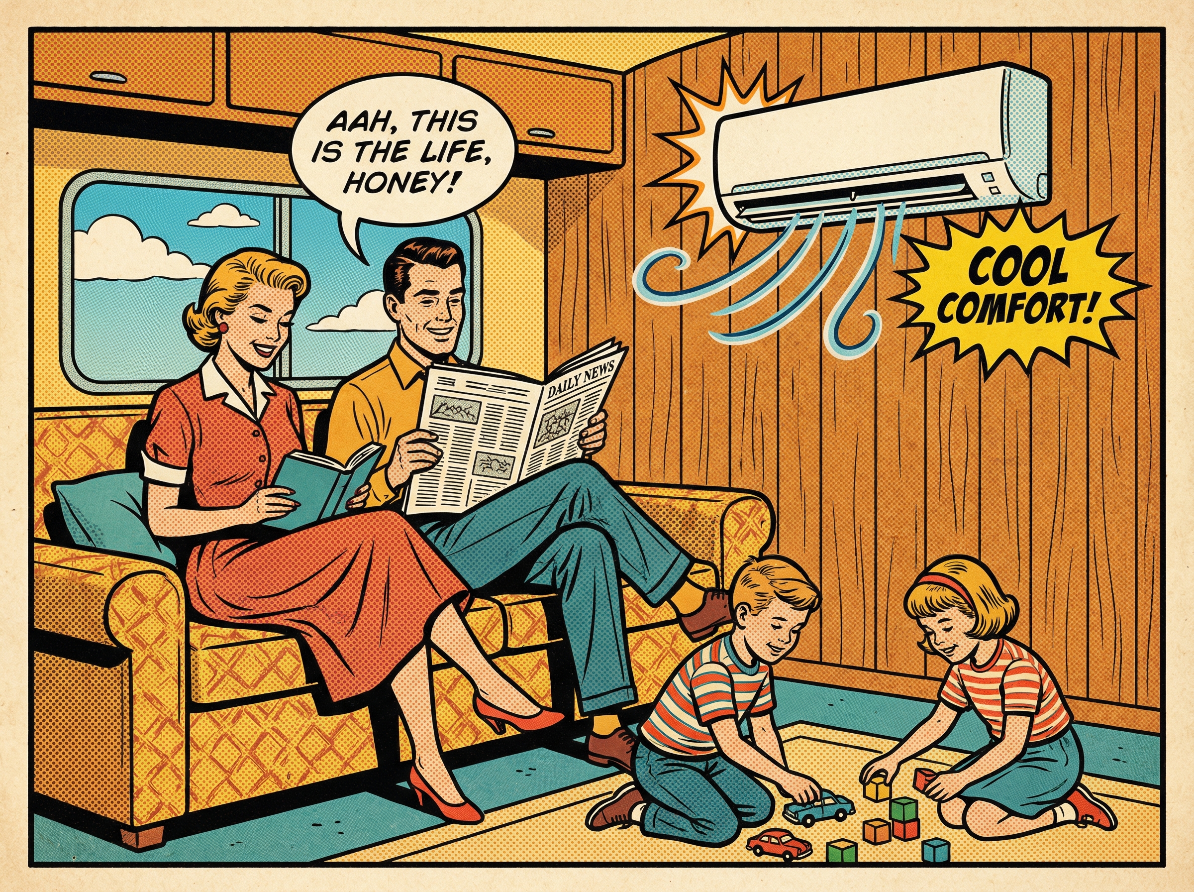A family relaxing in the interior of an RV, enjoying the cool air from a mini split air conditioner