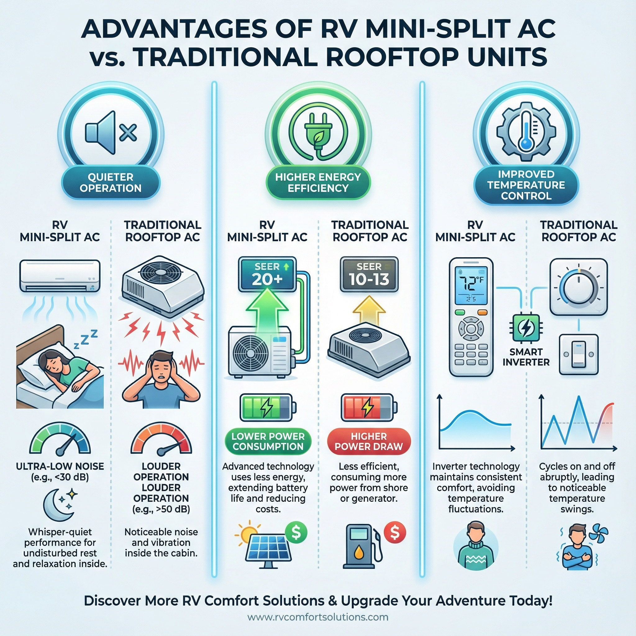An informative infographic illustrating the advantages of RV mini-split air conditioners compared to traditional rooftop unit