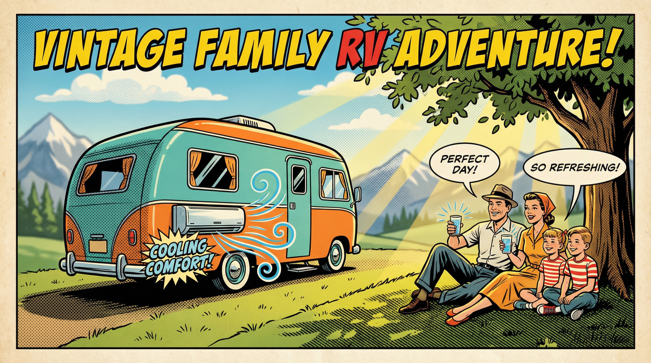 A vintage-inspired scene illustrating a family enjoying their RV trip in a scenic location, showcasing an RV parked in a lush