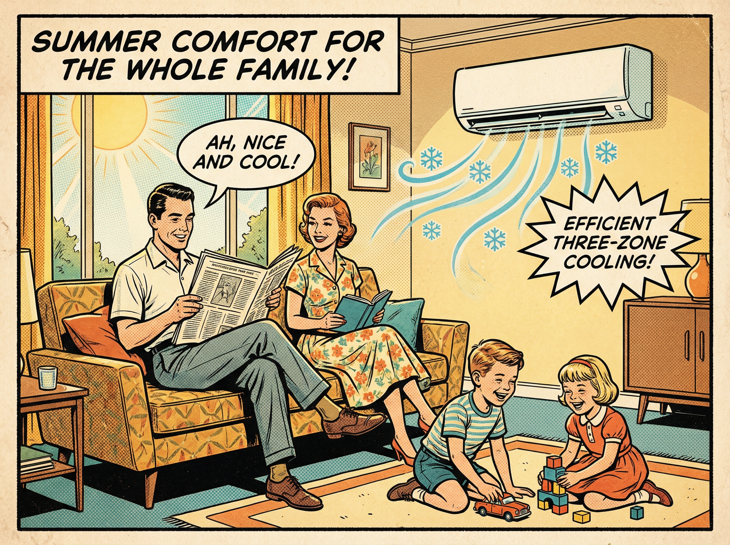 A family gathered in a comfortably decorated living room during the summer, relaxing as the three-zone ductless mini-split he