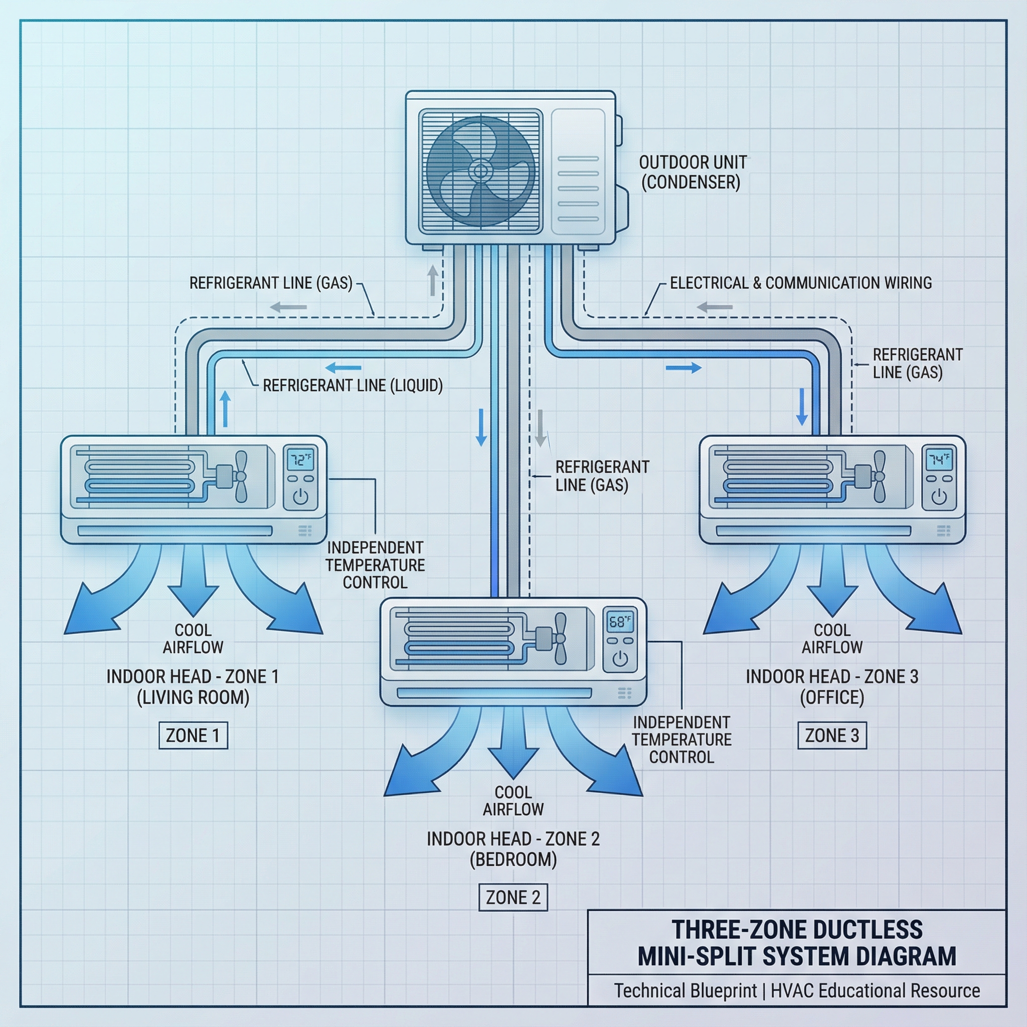 An informative diagram showcasing a three-zone ductless mini-split air conditioning system