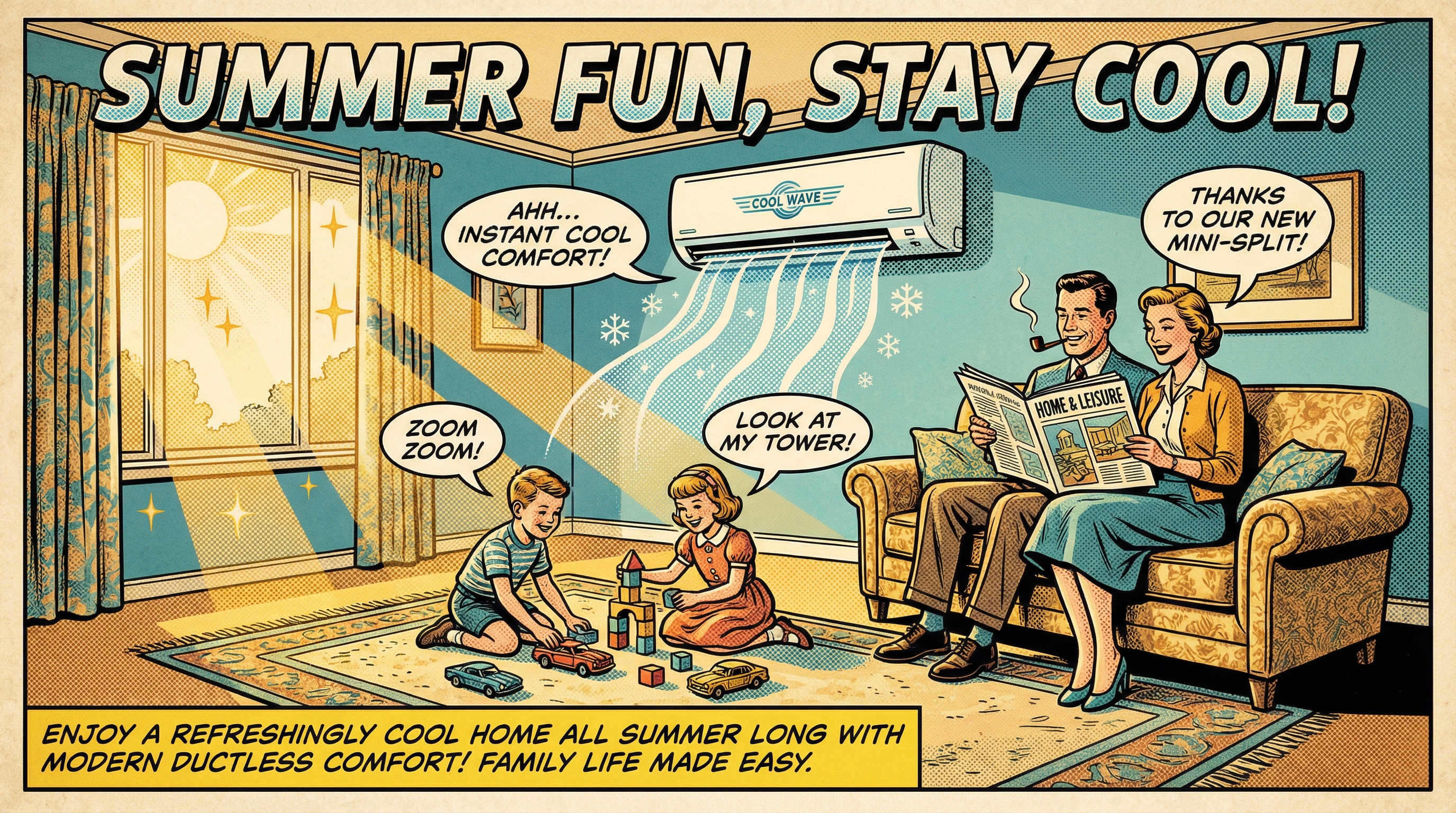 A family of four enjoying a comfortably cool living room on a warm summer day featuring ductless mini-split and family living