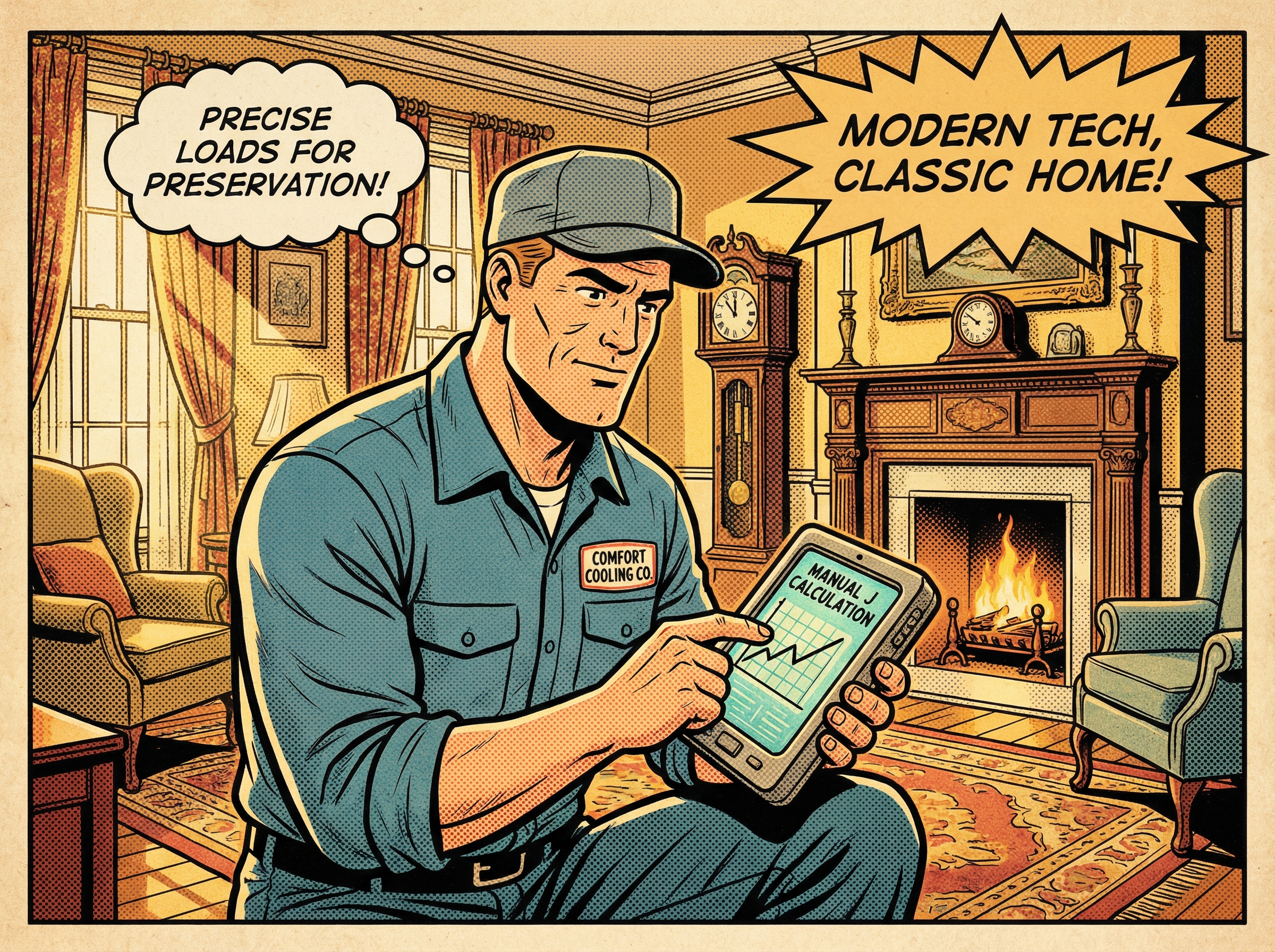 A skilled HVAC technician wearing a vintage work shirt, meticulously performing a Manual J load calculation on a tablet in a 
