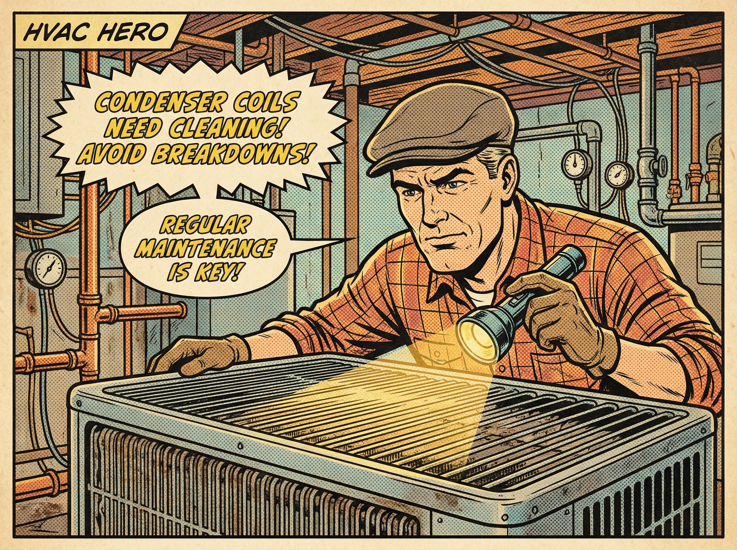 A close-up scene of an HVAC technician inspecting an air conditioning unit in a residential basement