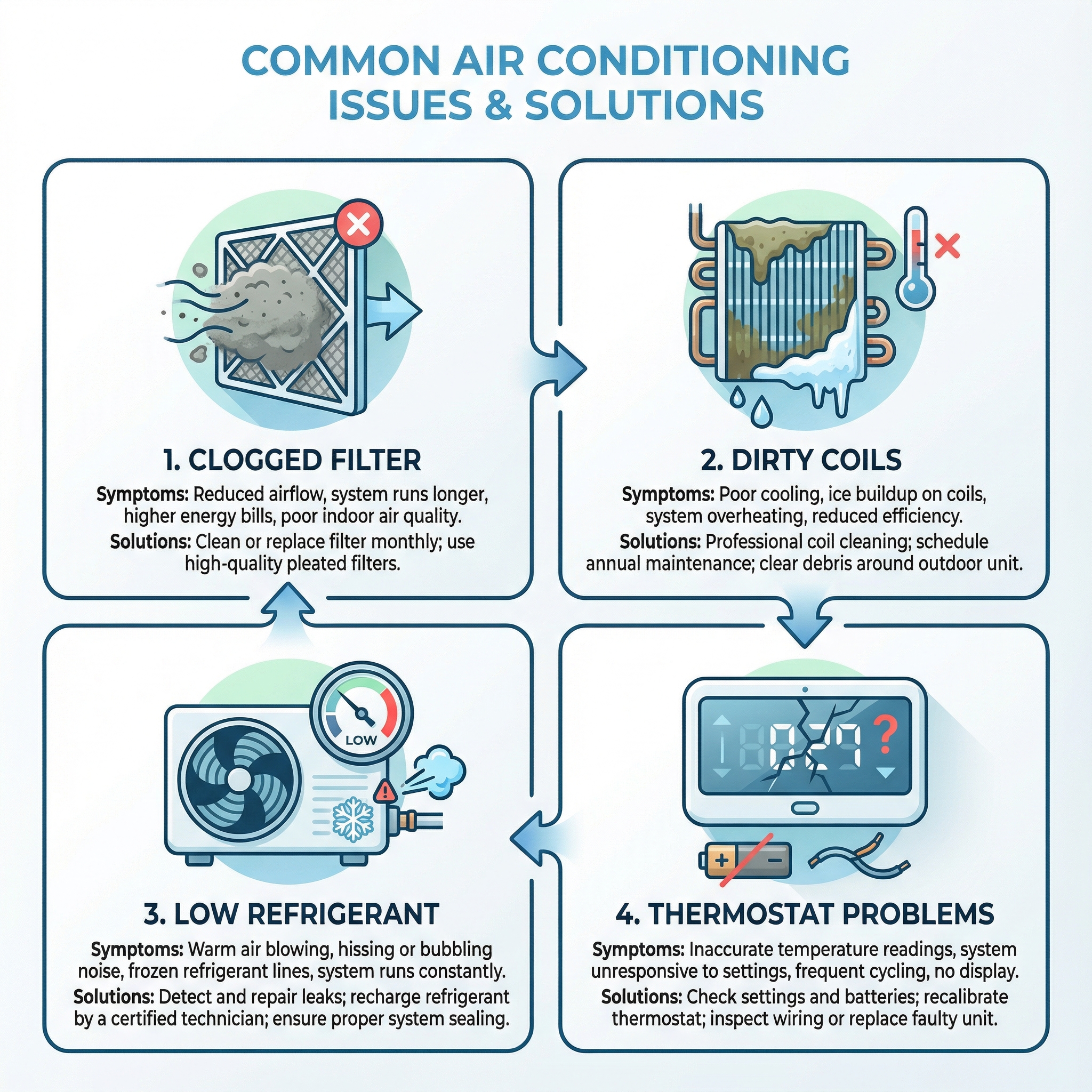 An educational infographic illustrating the common air conditioning issues, including clogged filters, dirty coils, low refri