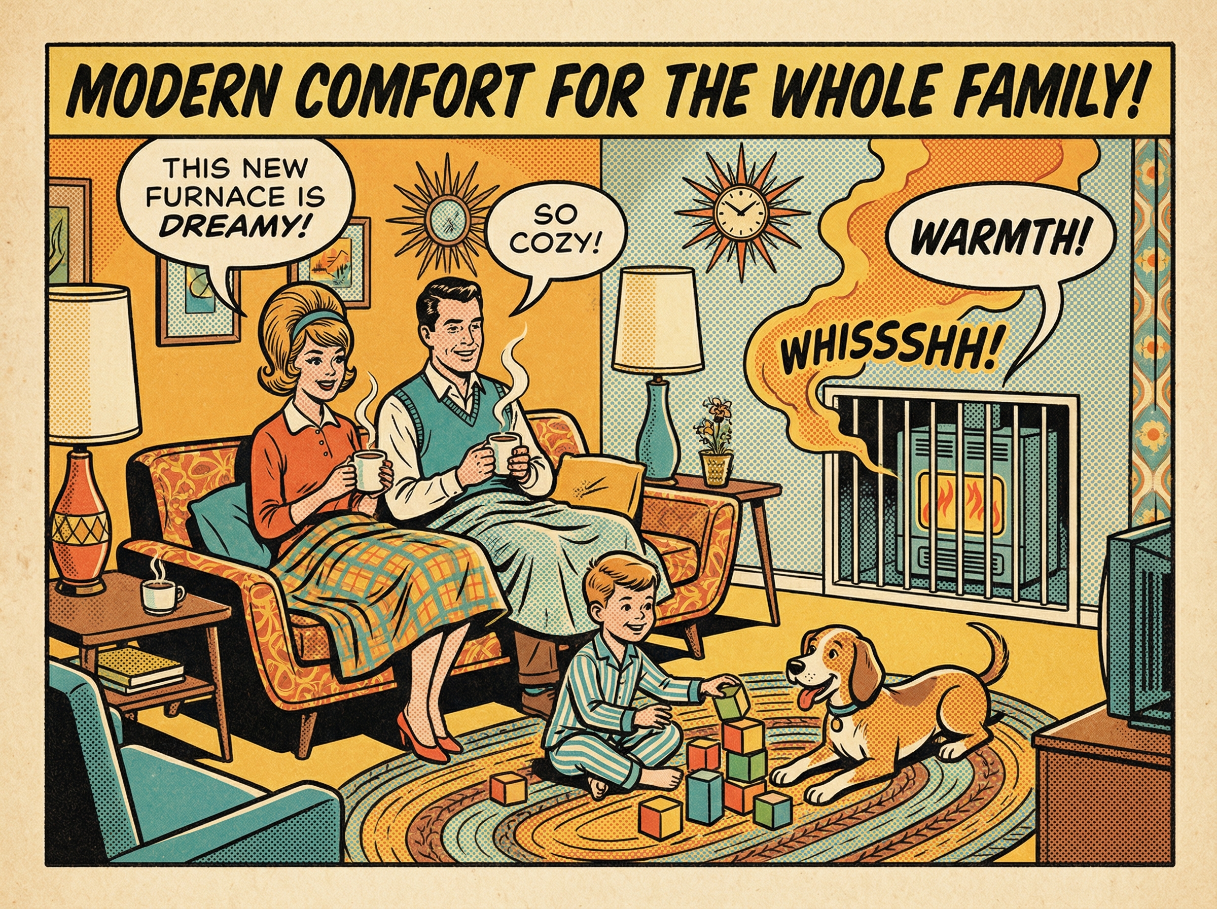 A cozy living room scene showcasing a modern two-stage furnace in action