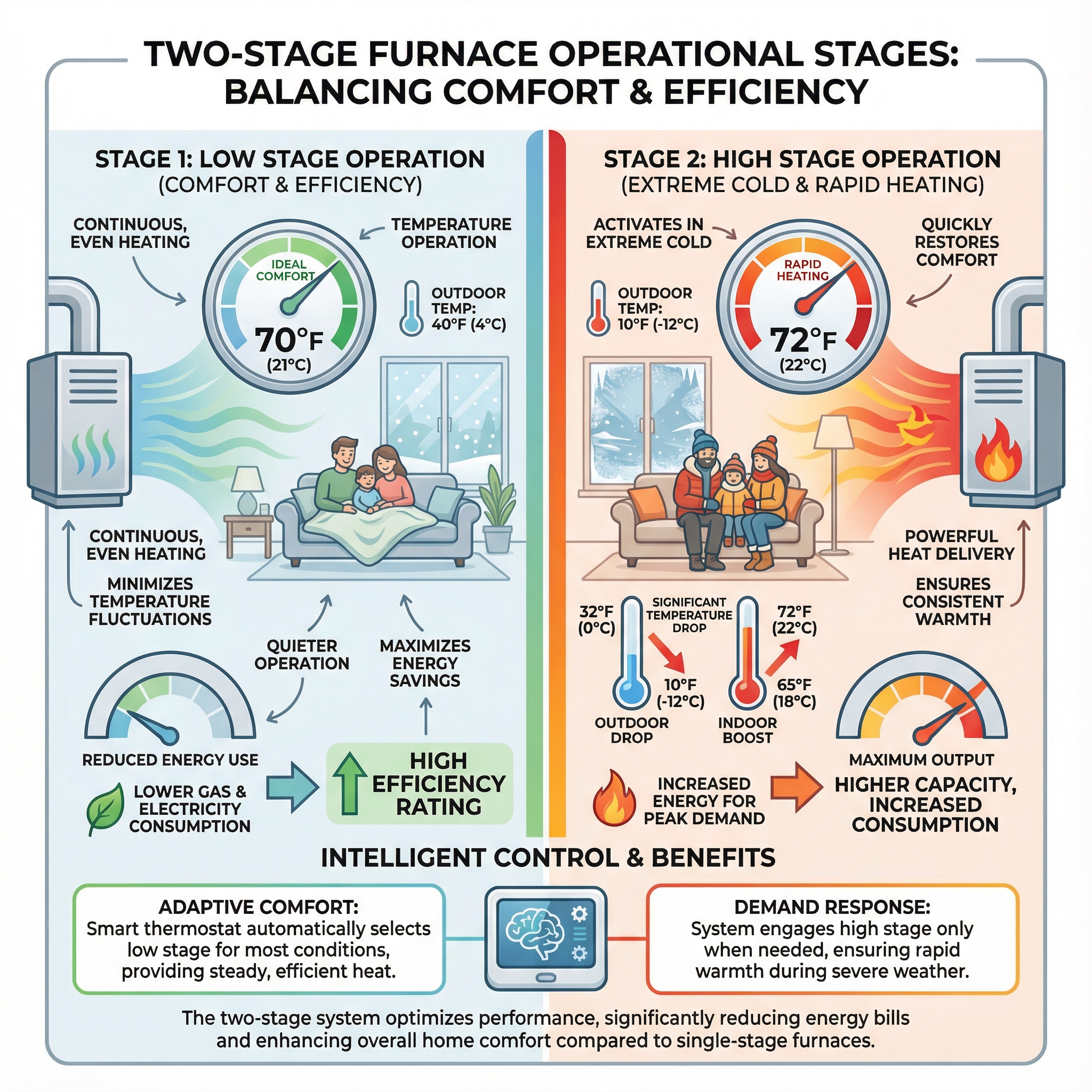 An infographic illustrating the operational stages of a two-stage furnace, depicting the low stage and high stage settings