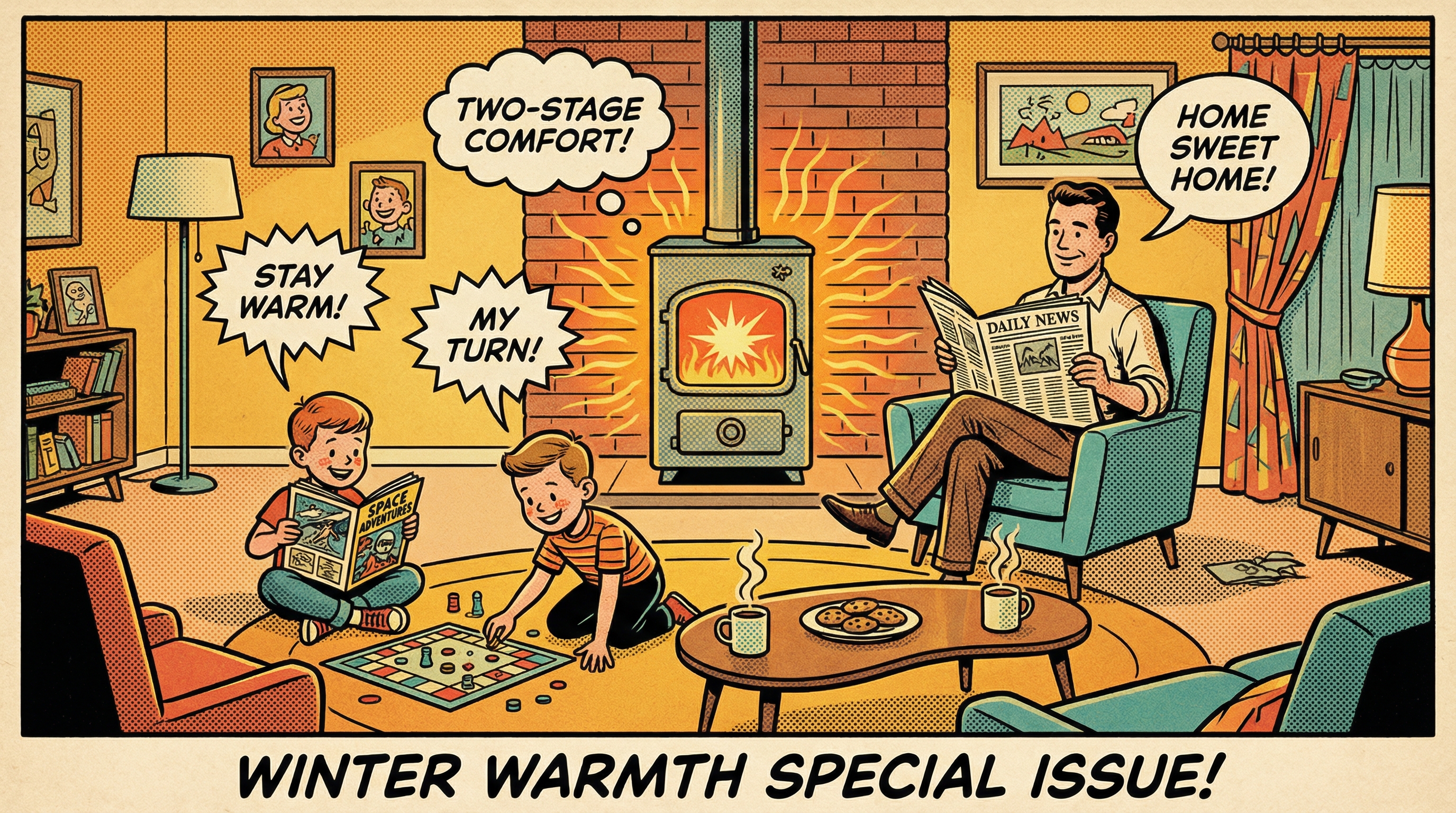 A cozy living room scene showcasing a family gathered around a two-stage furnace during a chilly winter evening