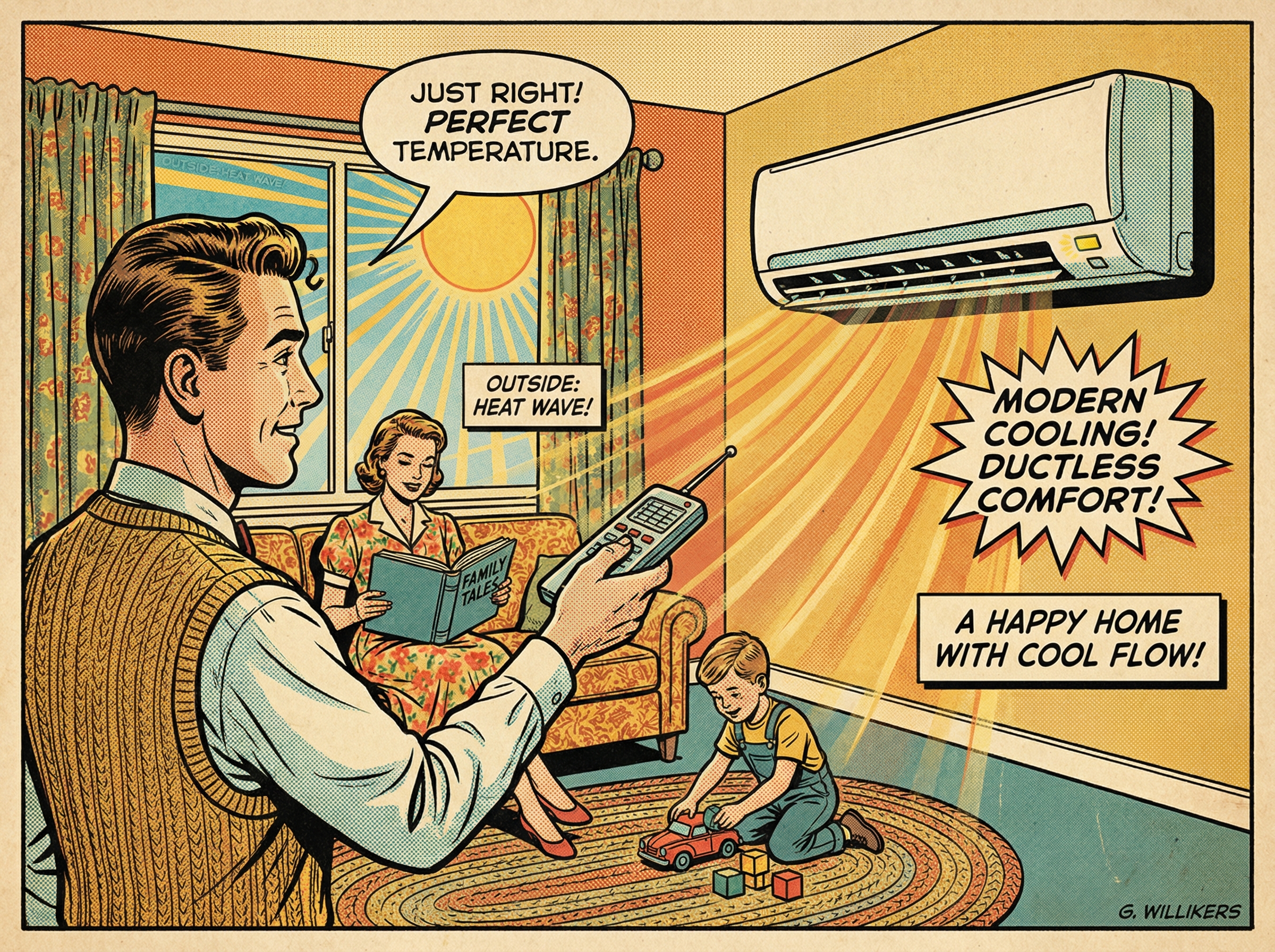 A vintage-style illustration depicting a family in a cozy living room, interacting with a ductless mini-split air conditionin