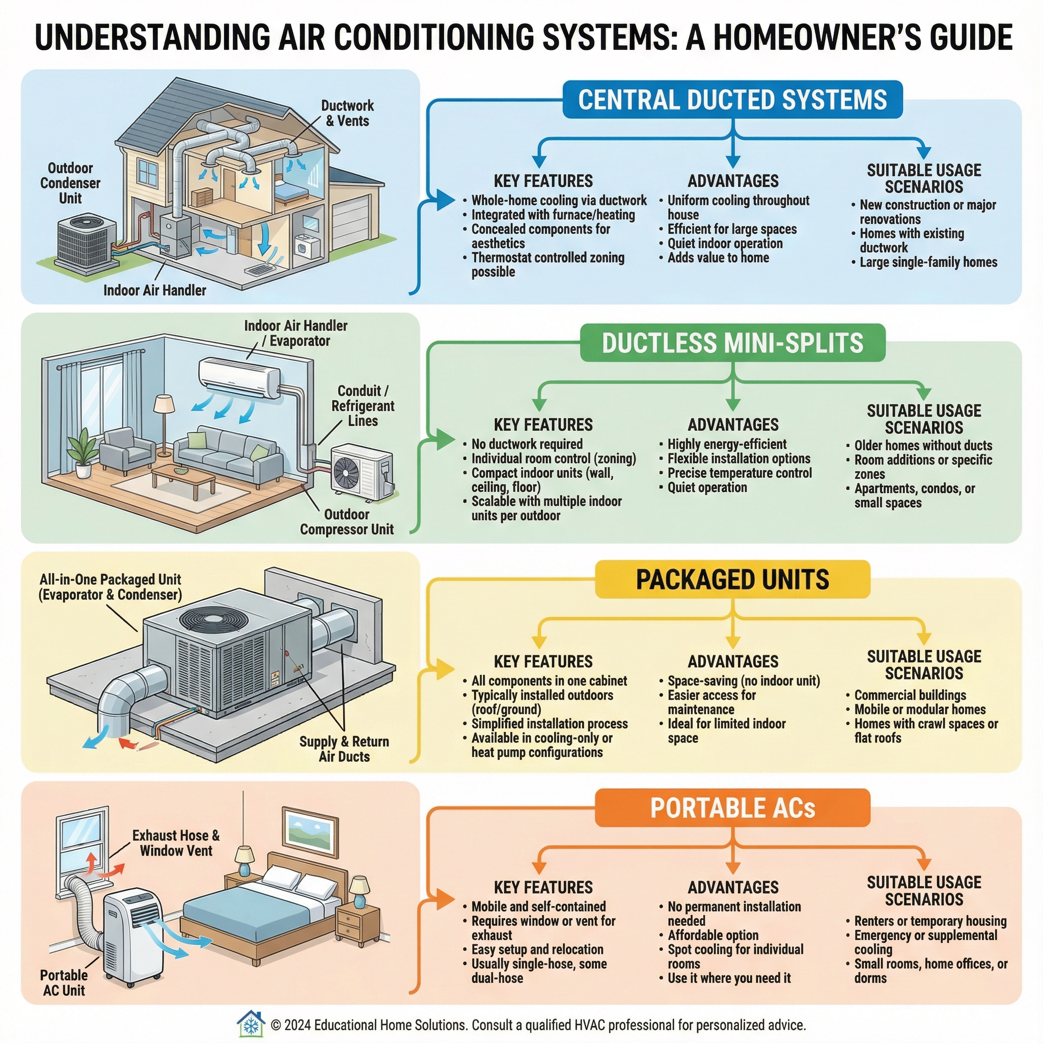An informative infographic showcasing the various types of air conditioning systems, such as central ducted systems, ductless