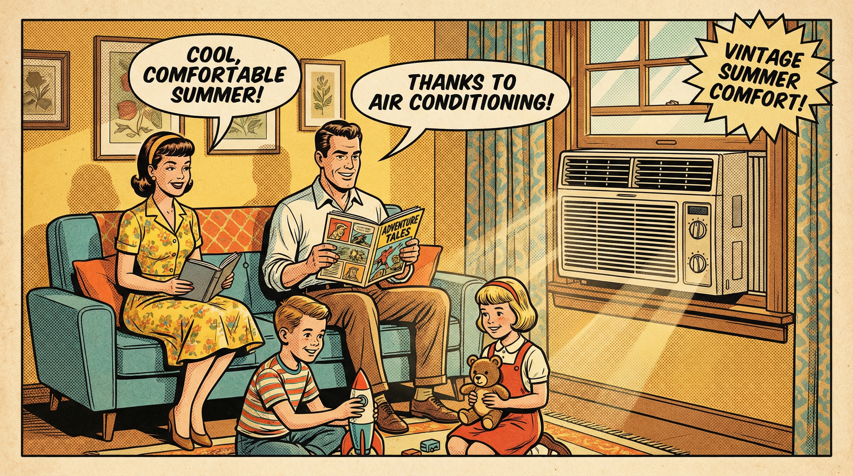 A vintage-style scene showing a family enjoying a comfortable living room environment with a central air conditioning unit pr