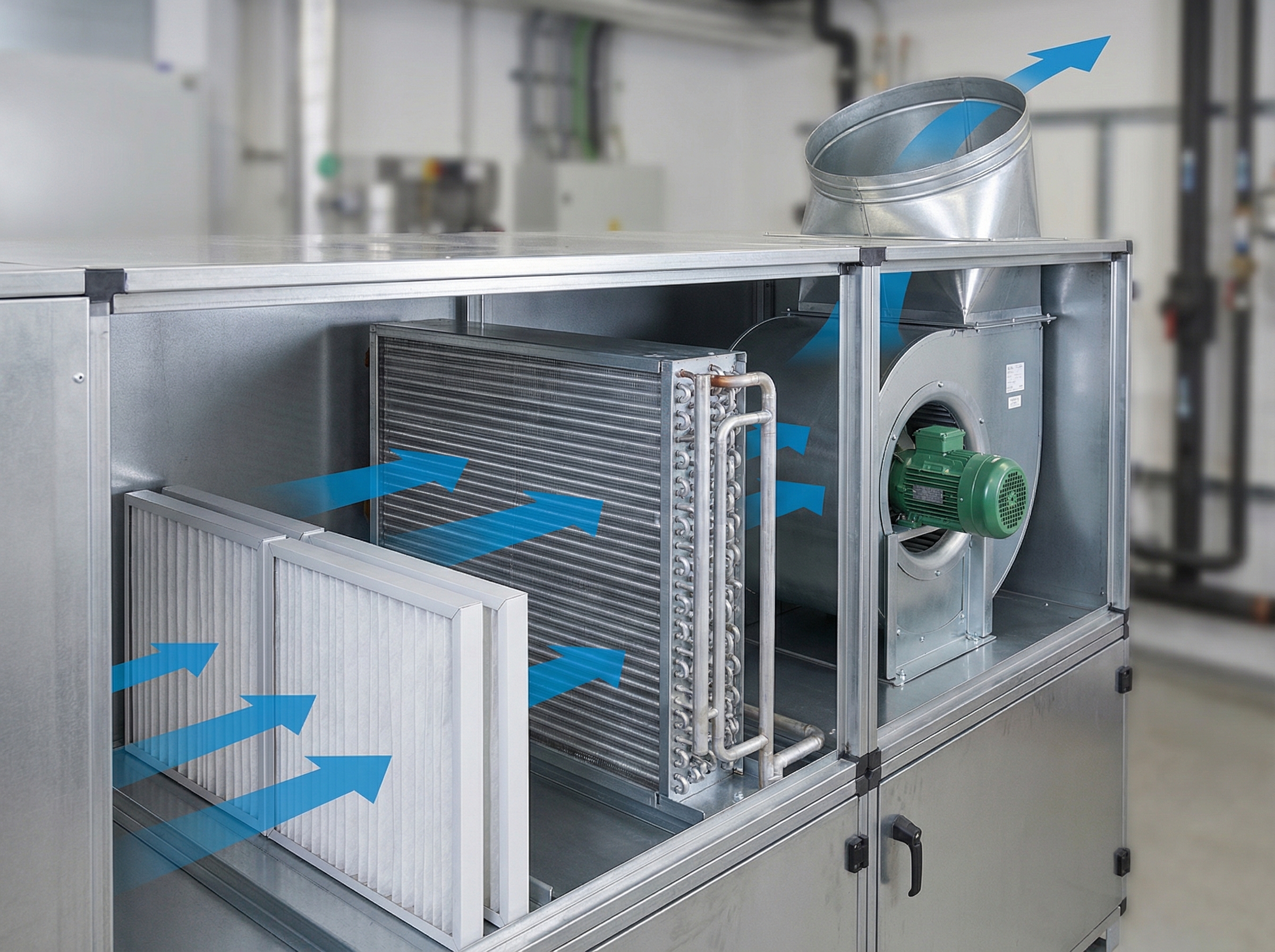 An interior view of a modern air handler unit (AHU) showcasing its key components such as blowers, coils, and filters clearly
