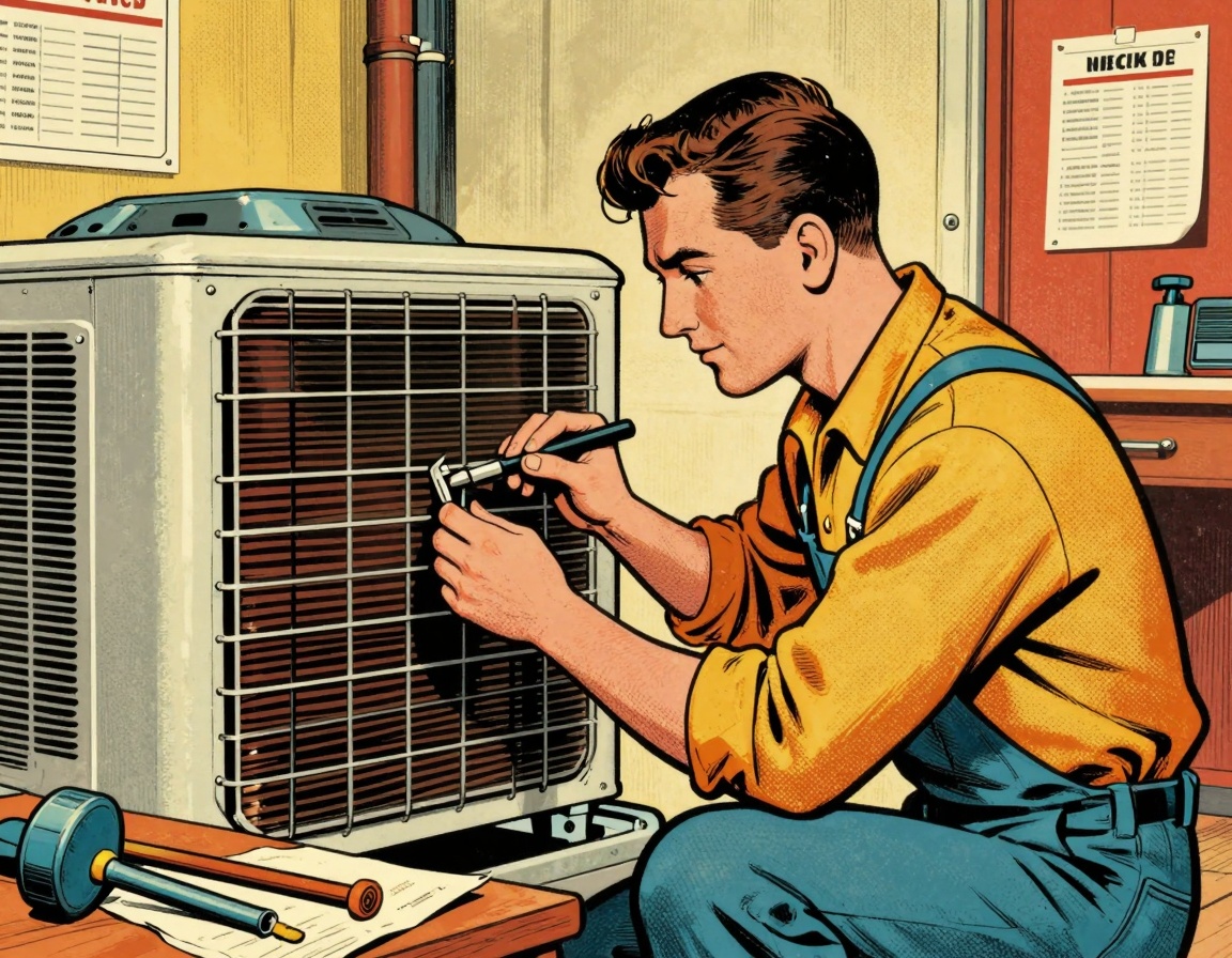 A technician working on an HVAC system indoors, inspecting the coils and compressor