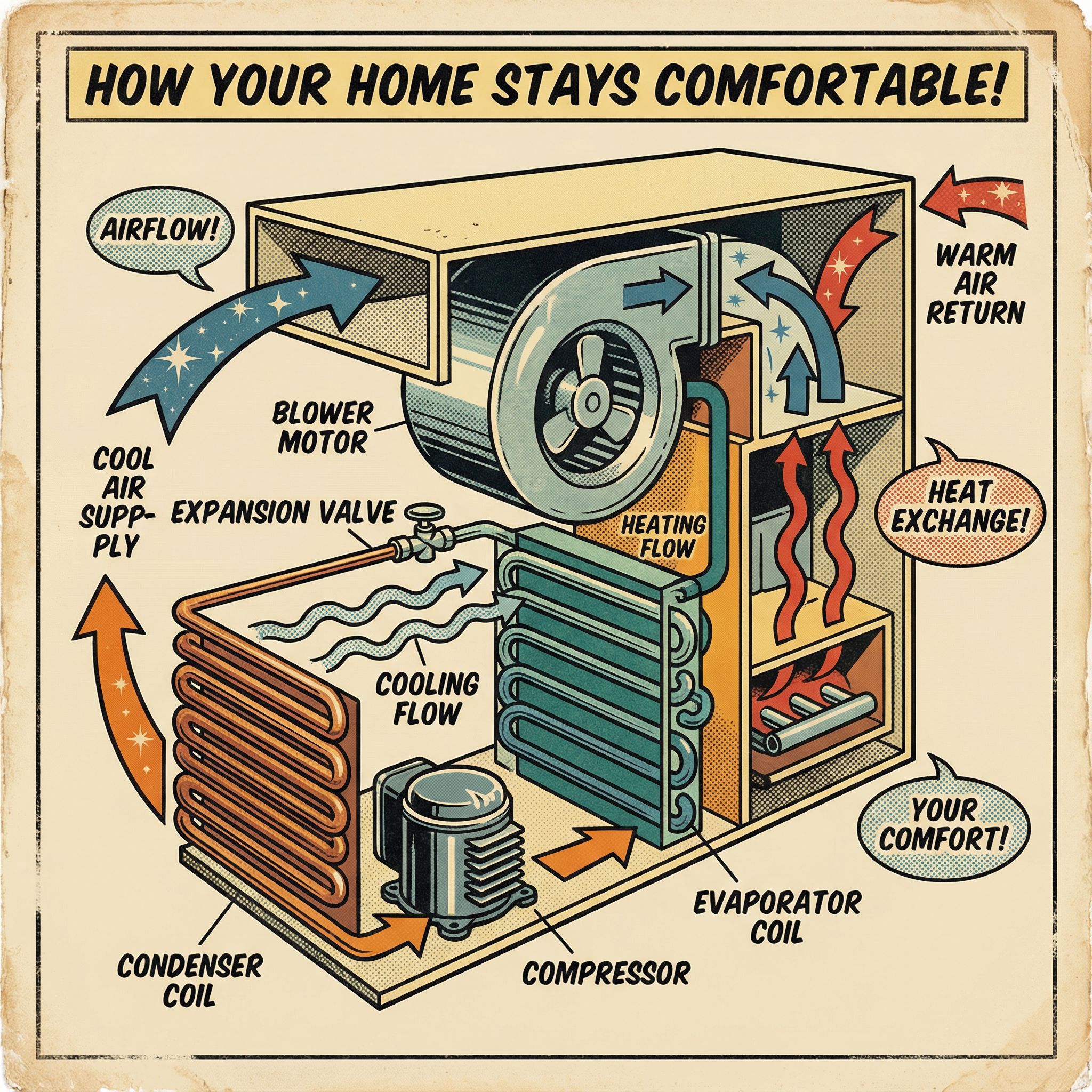A cross-sectional view of an HVAC system that highlights various components such as the compressor, coils, and motors