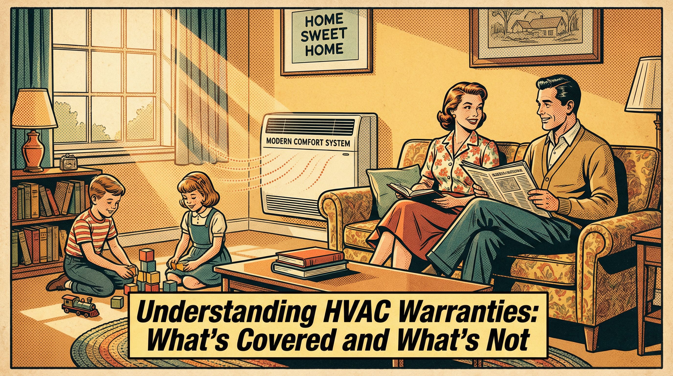 A family of four enjoying a comfortable evening in their living room, where a modern HVAC system is visibly installed