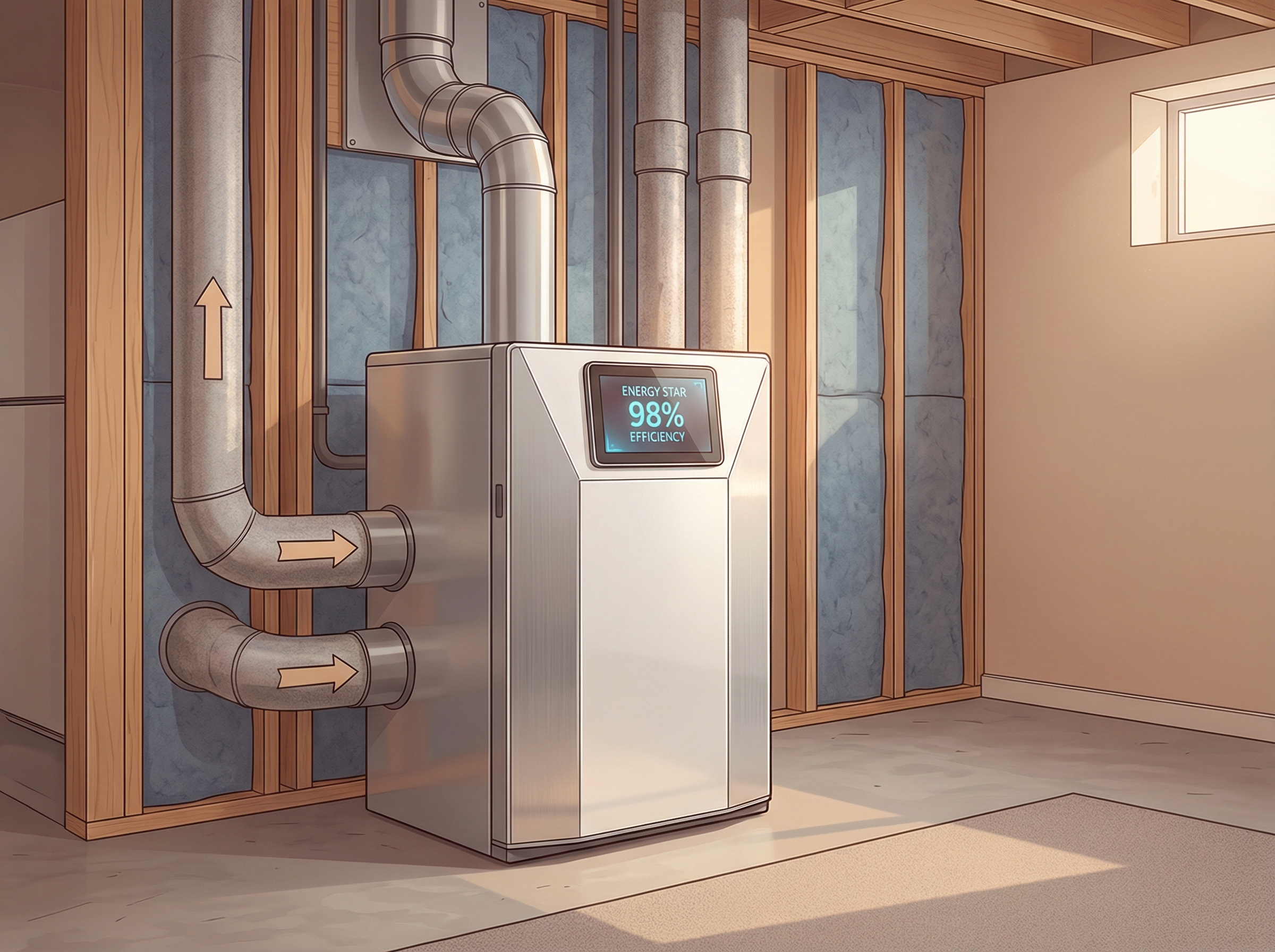 An illustration of a modern modulating furnace installed in a home environment, showcasing its sleek design and energy effici
