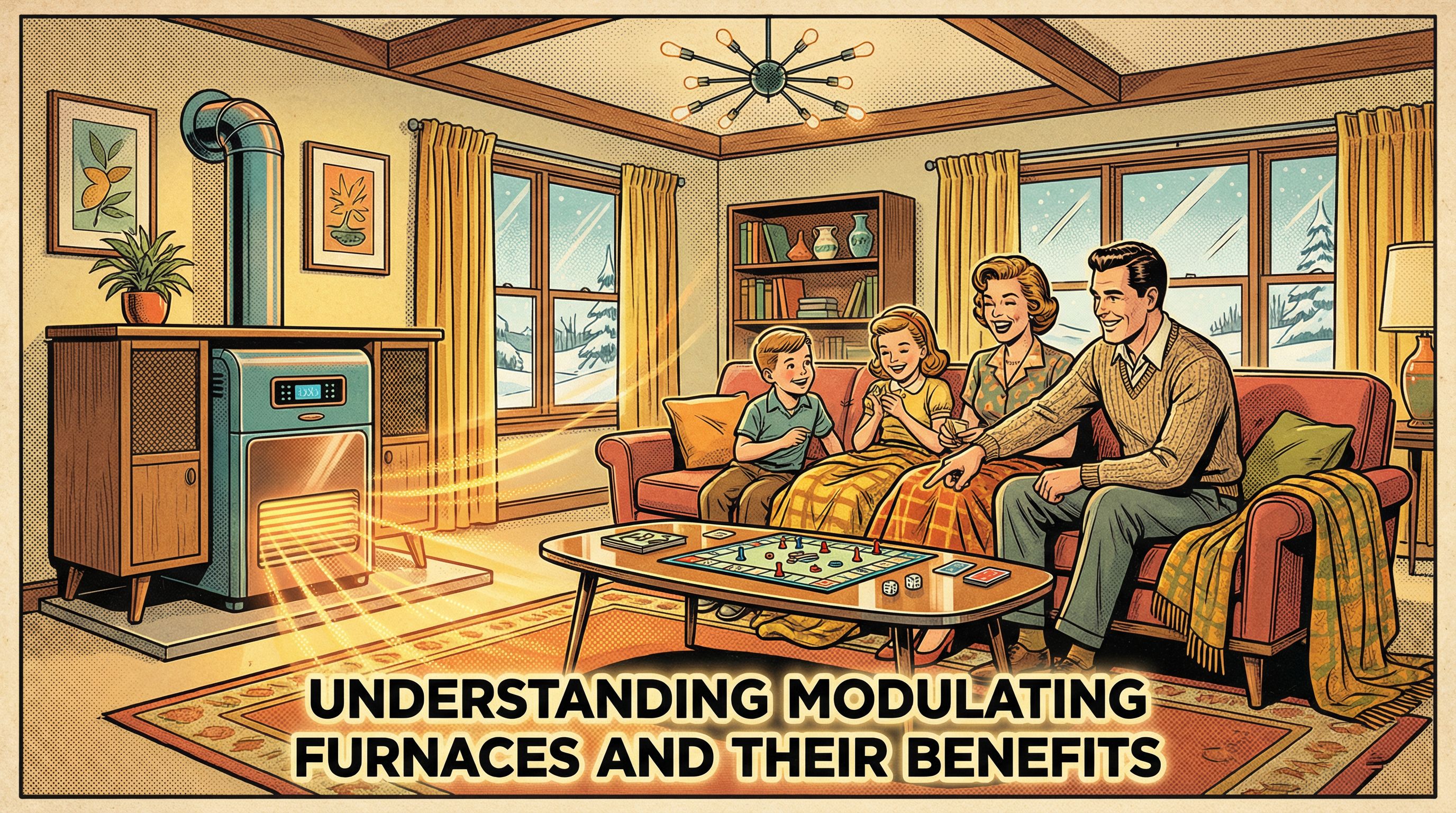 A cozy family living room showcasing a modulating furnace in a stylishly renovated mid-century home