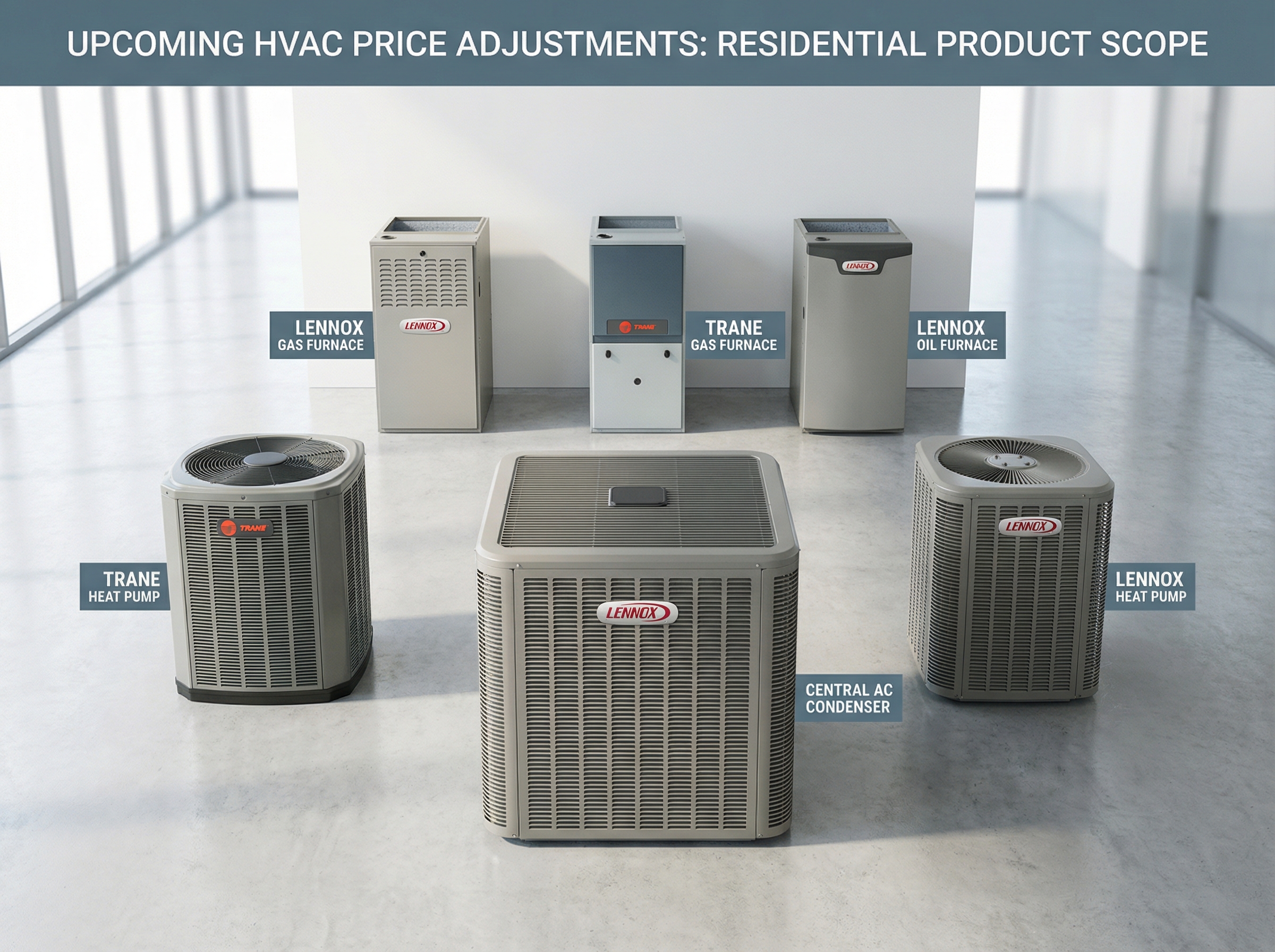 A visually detailed illustration of Lennox and Trane HVAC units, showcasing a variety of residential HVAC products including