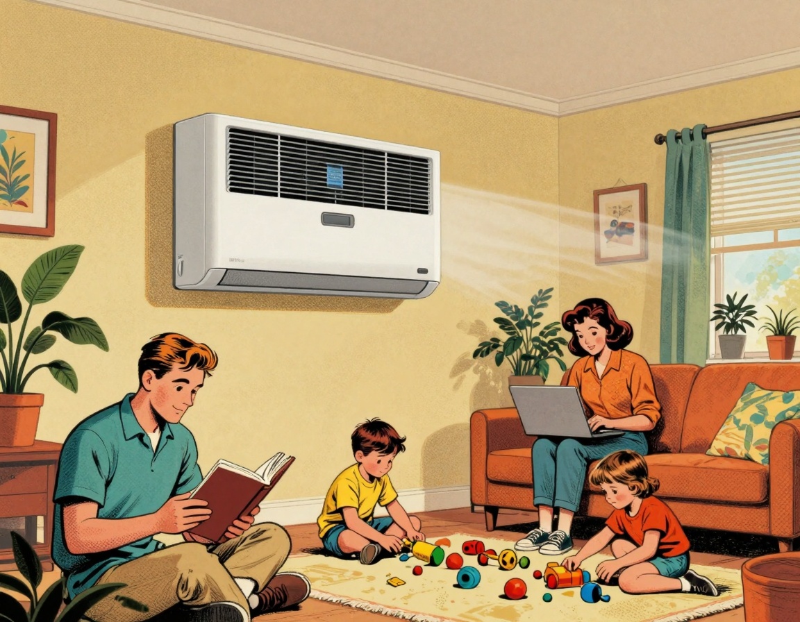A comfortable living room in a ductless home, featuring a stylish mini-split ventilation unit on the wall