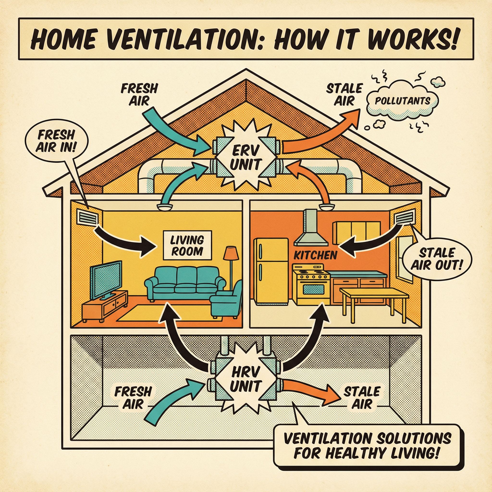A cross-section view of a ductless home with visible ventilation solutions