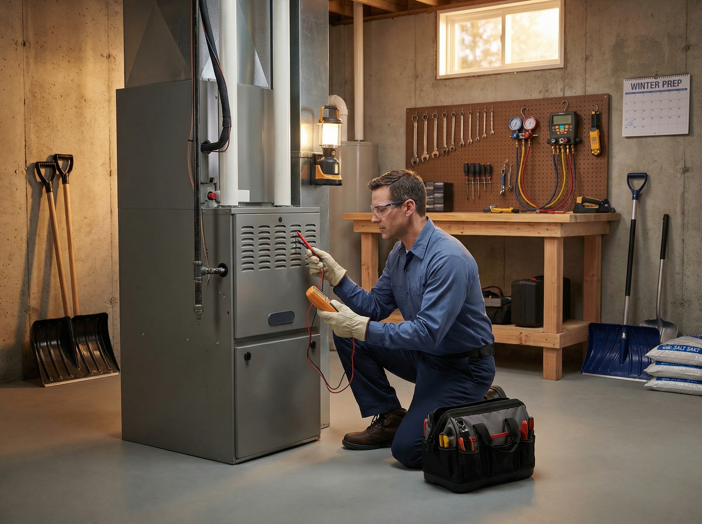A close-up shot of a well-maintained HVAC unit installed outside a residential home during winter