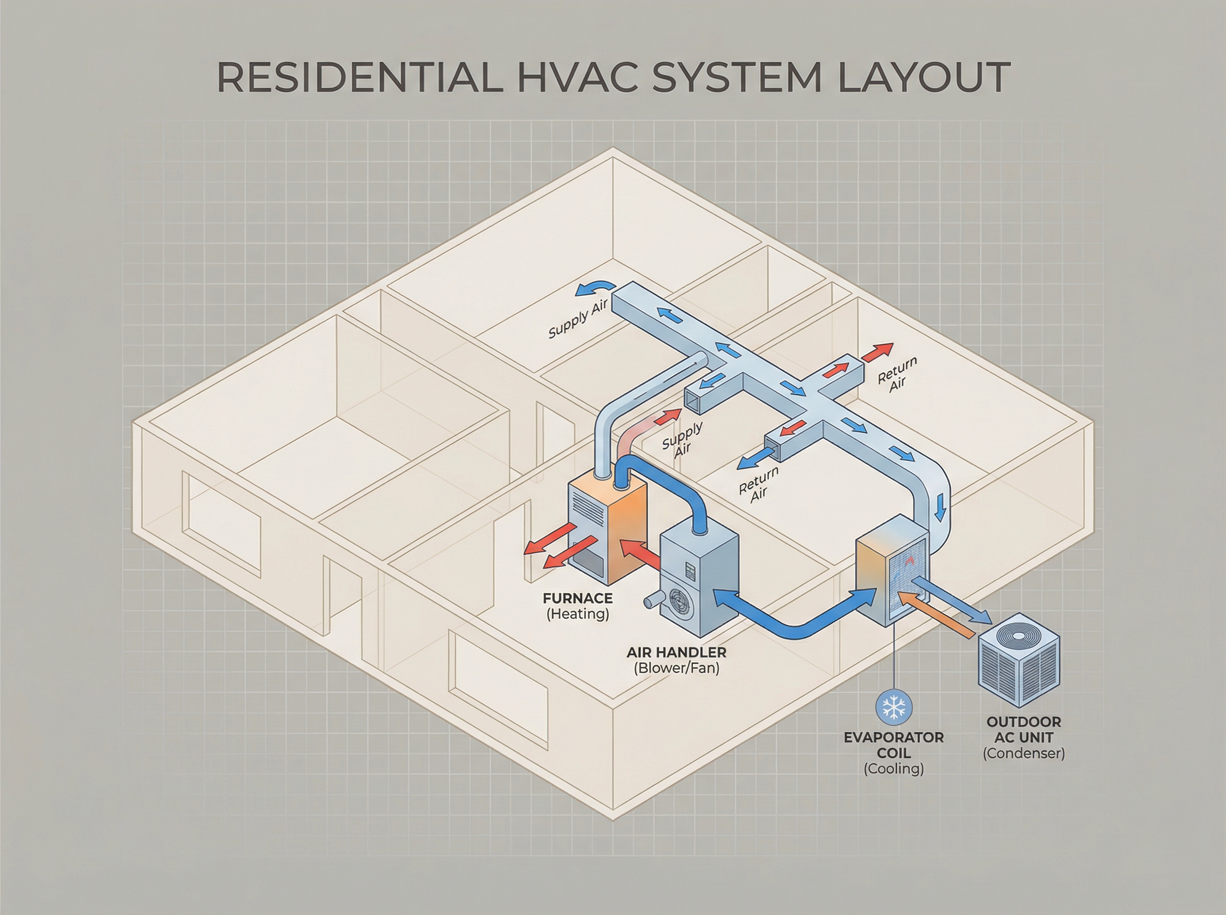 An intricately designed diagram of a residential HVAC system showcasing its key components, including the furnace, air handle