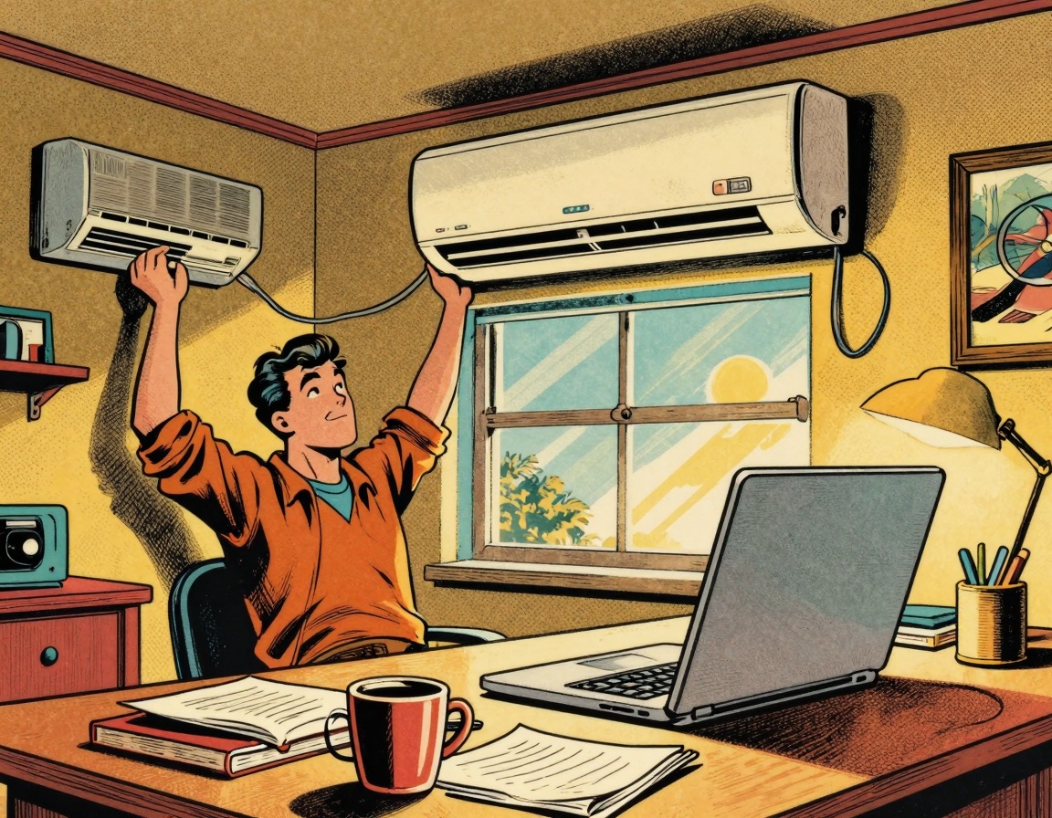 A cozy home office setup featuring a sleek window air conditioning unit