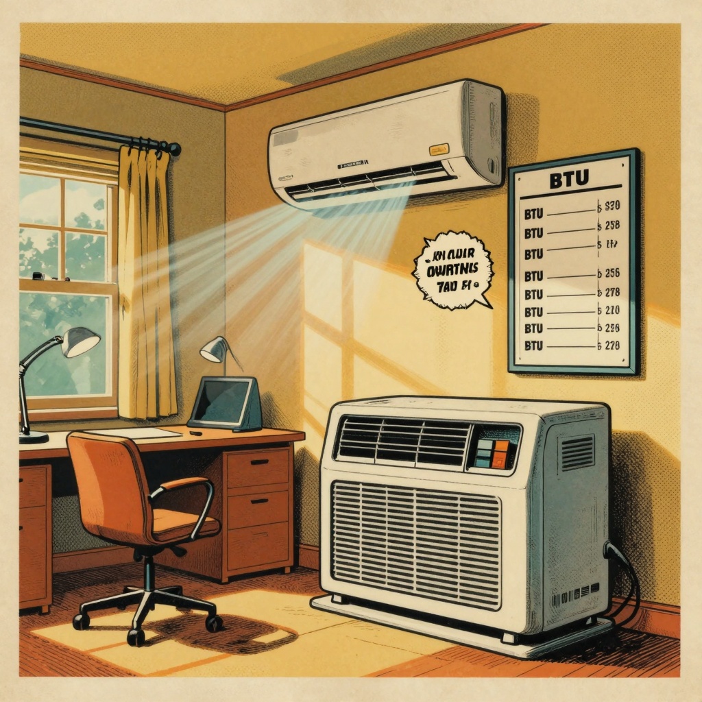A vintage-style illustration of a mid-century modern home office with a window air conditioning unit