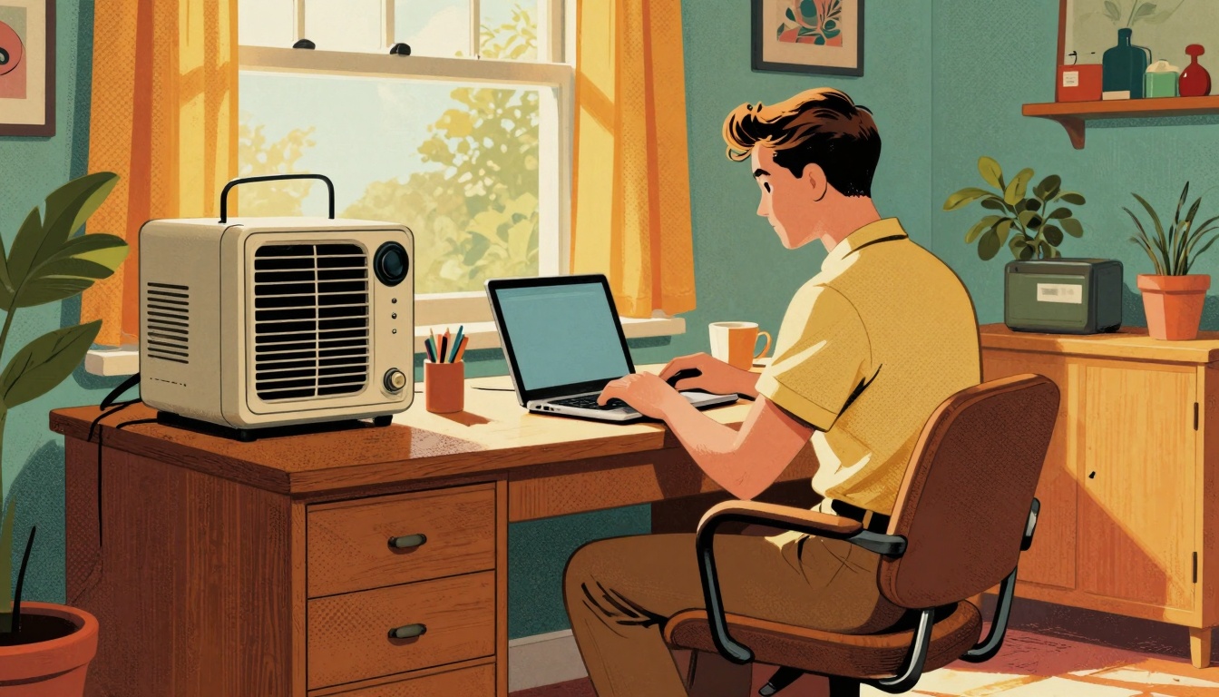 A vintage home office setting from the 1950s, featuring a stylish wooden desk with a mid-century modern chair