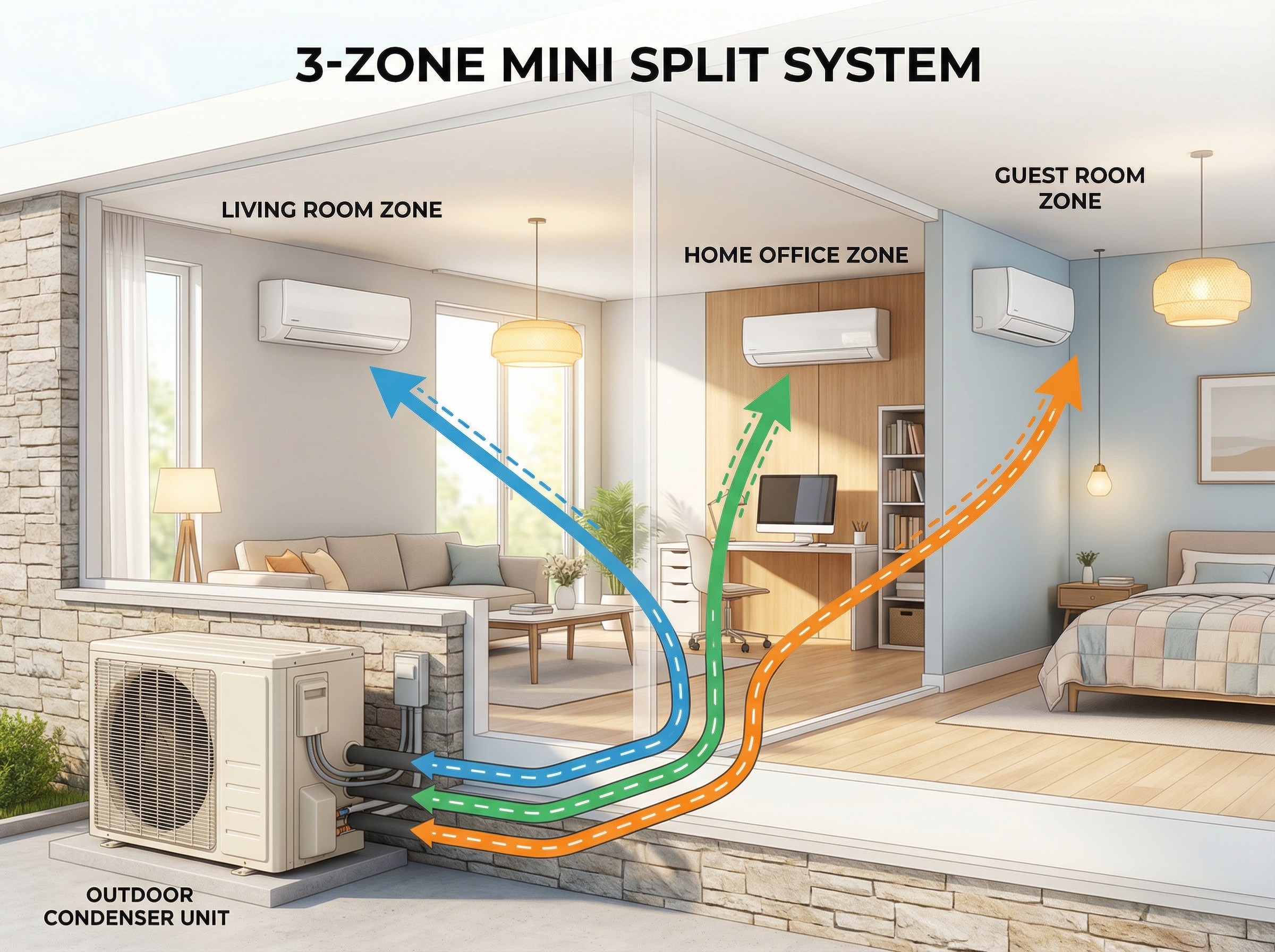 An illustration of a 3-zone mini split system, showcasing the outdoor condenser unit and three indoor air handlers installed 
