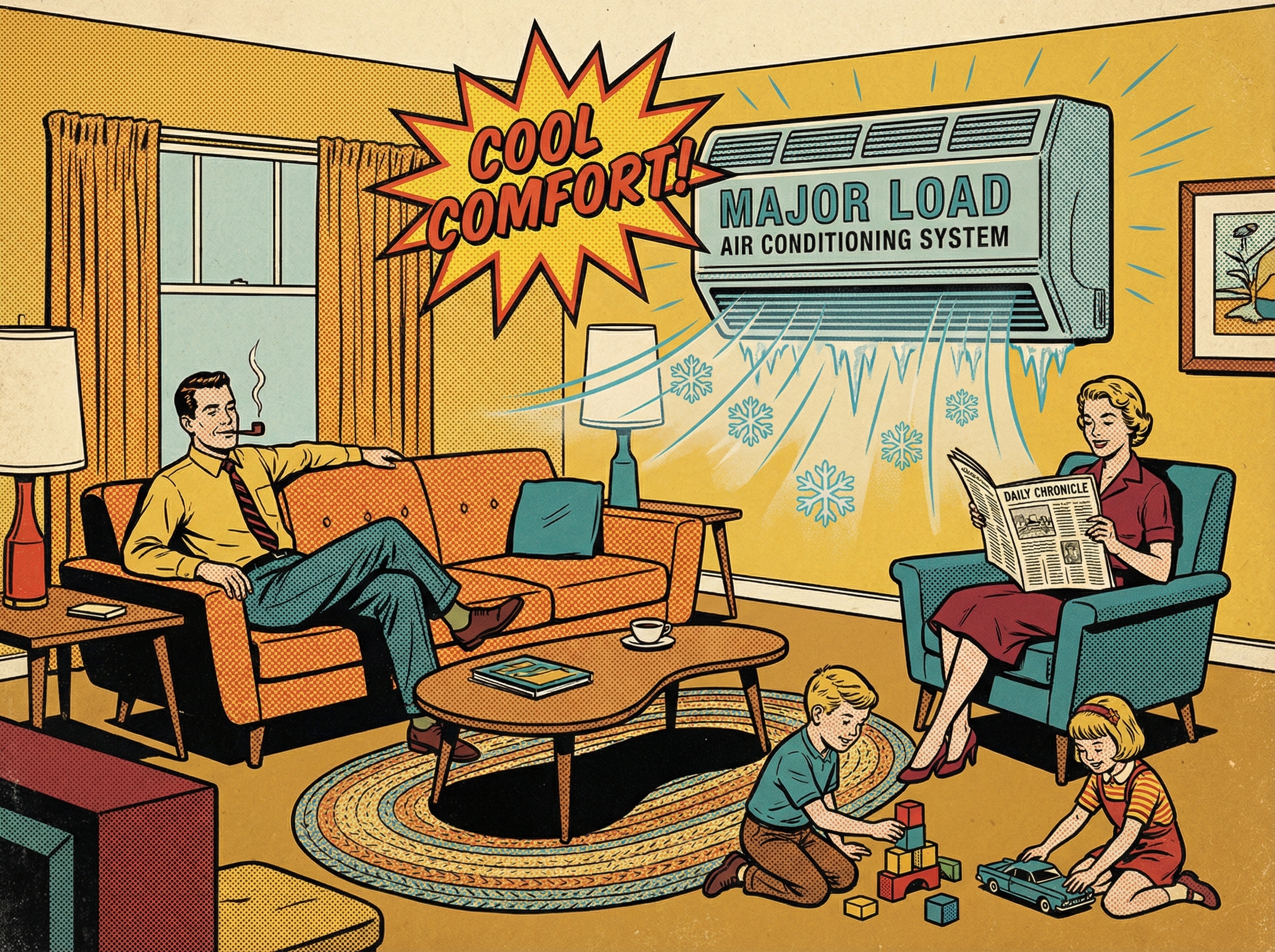 A vintage-style illustration depicting a family comfortably enjoying their living room as a major load air conditioning syste