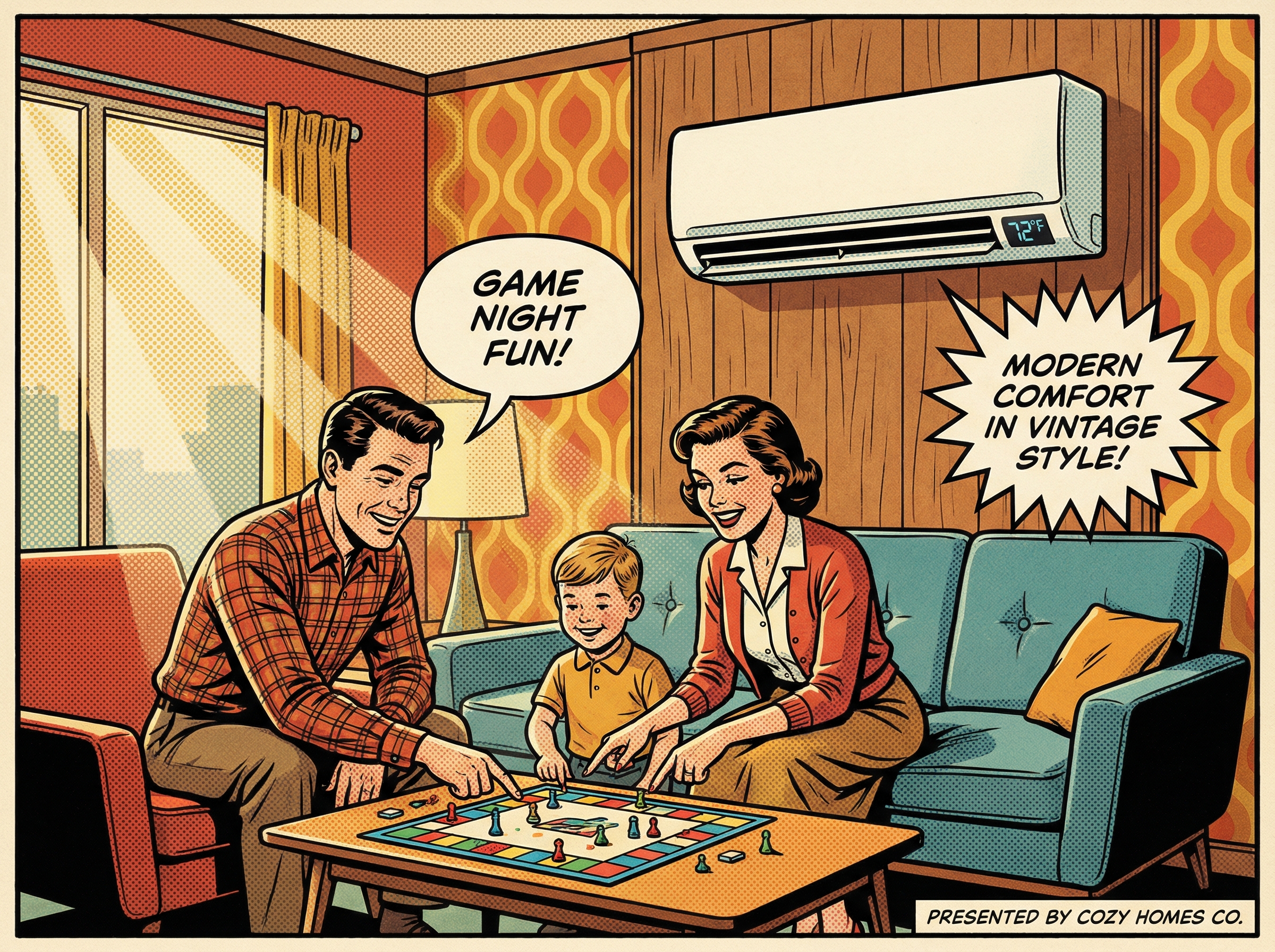 A cozy living room featuring a modern mini split air conditioning system mounted on the wall above a stylish sofa