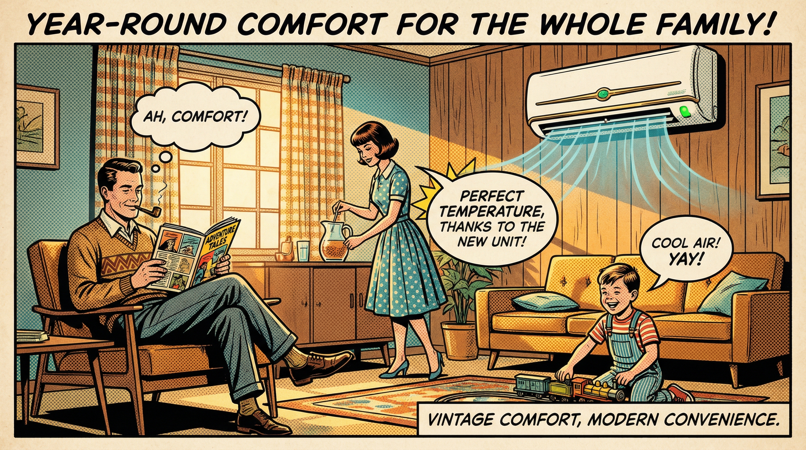 A family in a cozy, vintage-styled living room enjoying the comfort provided by a mini split air conditioning system