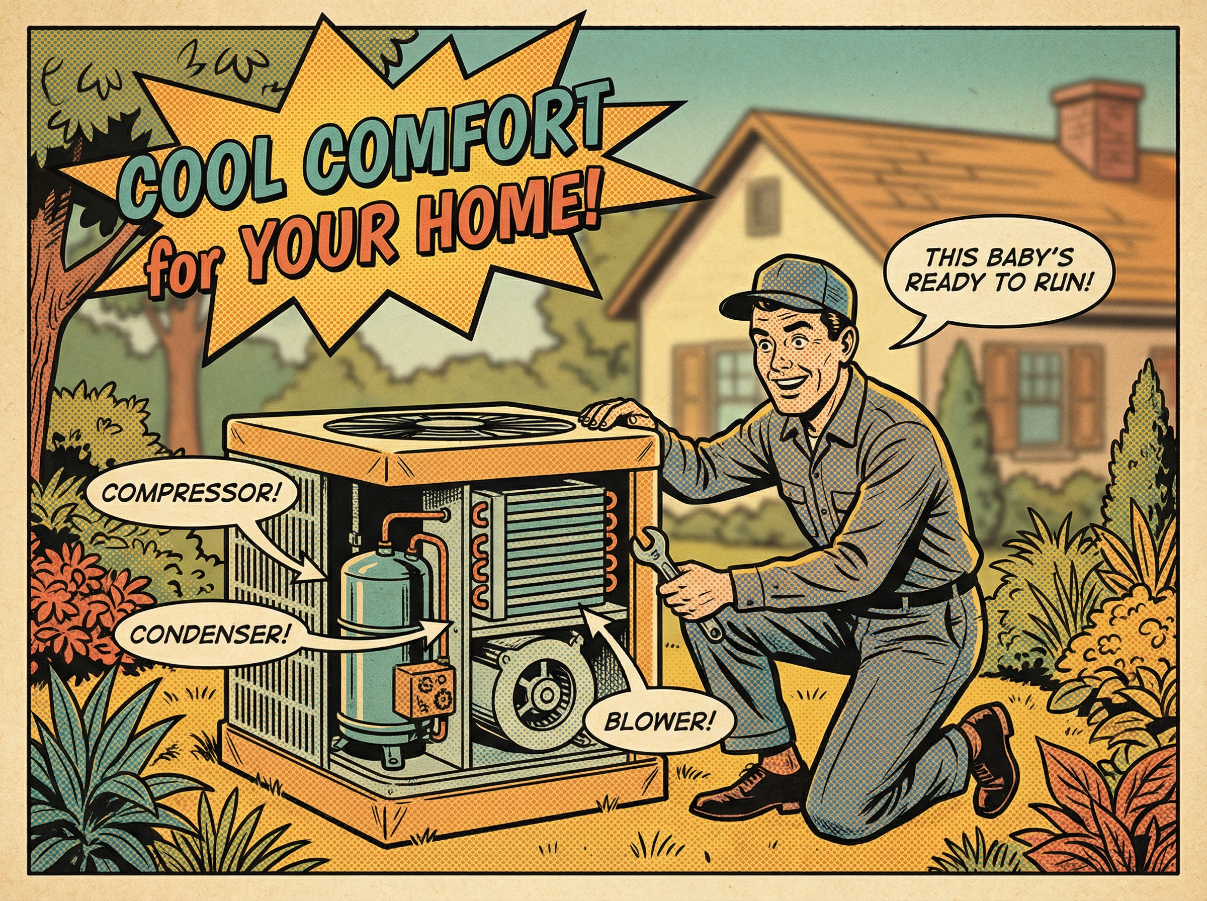 An outdoor installation scene of a packaged air conditioner unit in a suburban backyard