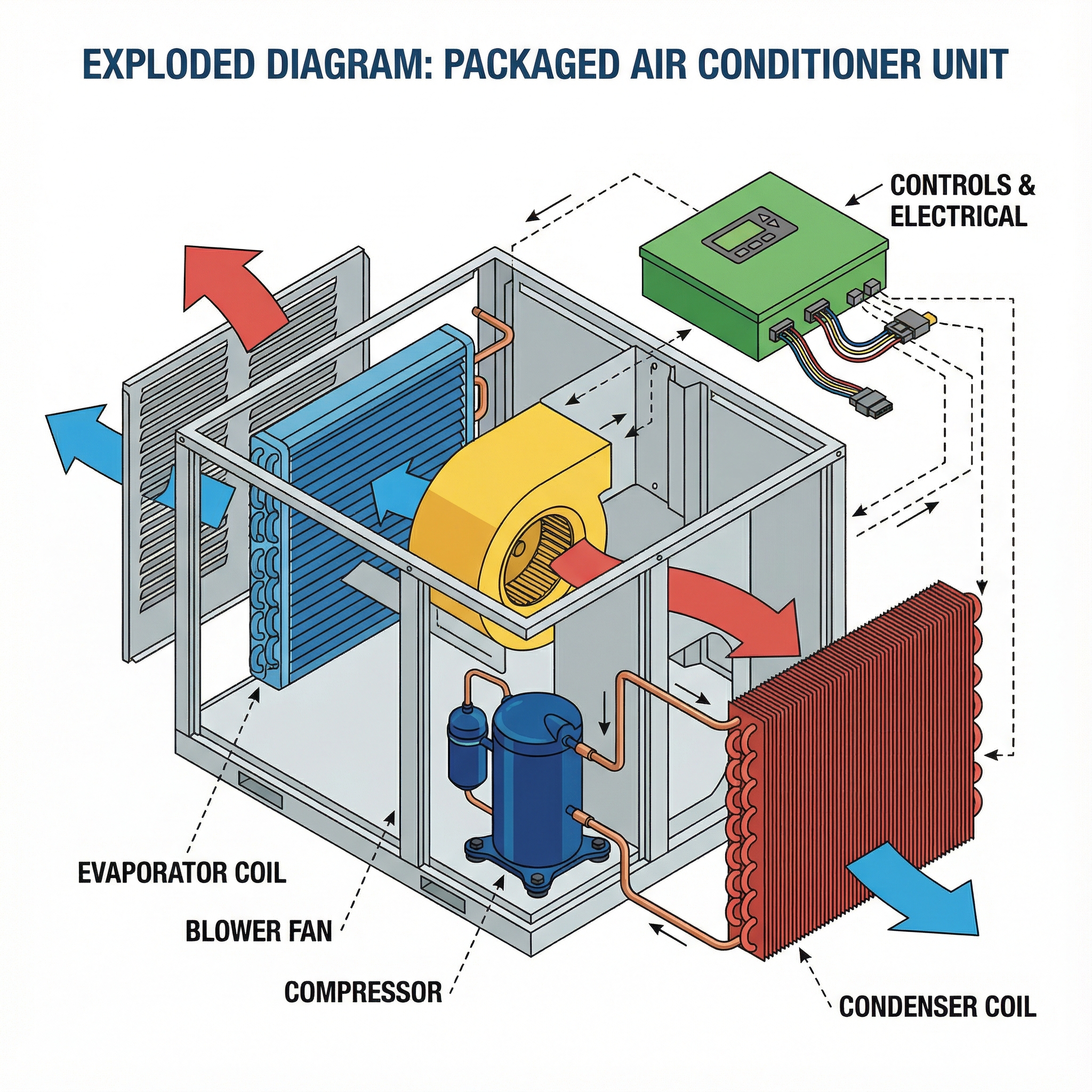An exploded diagram of a packaged air conditioner unit, showcasing its key components including the compressor, condenser, ev