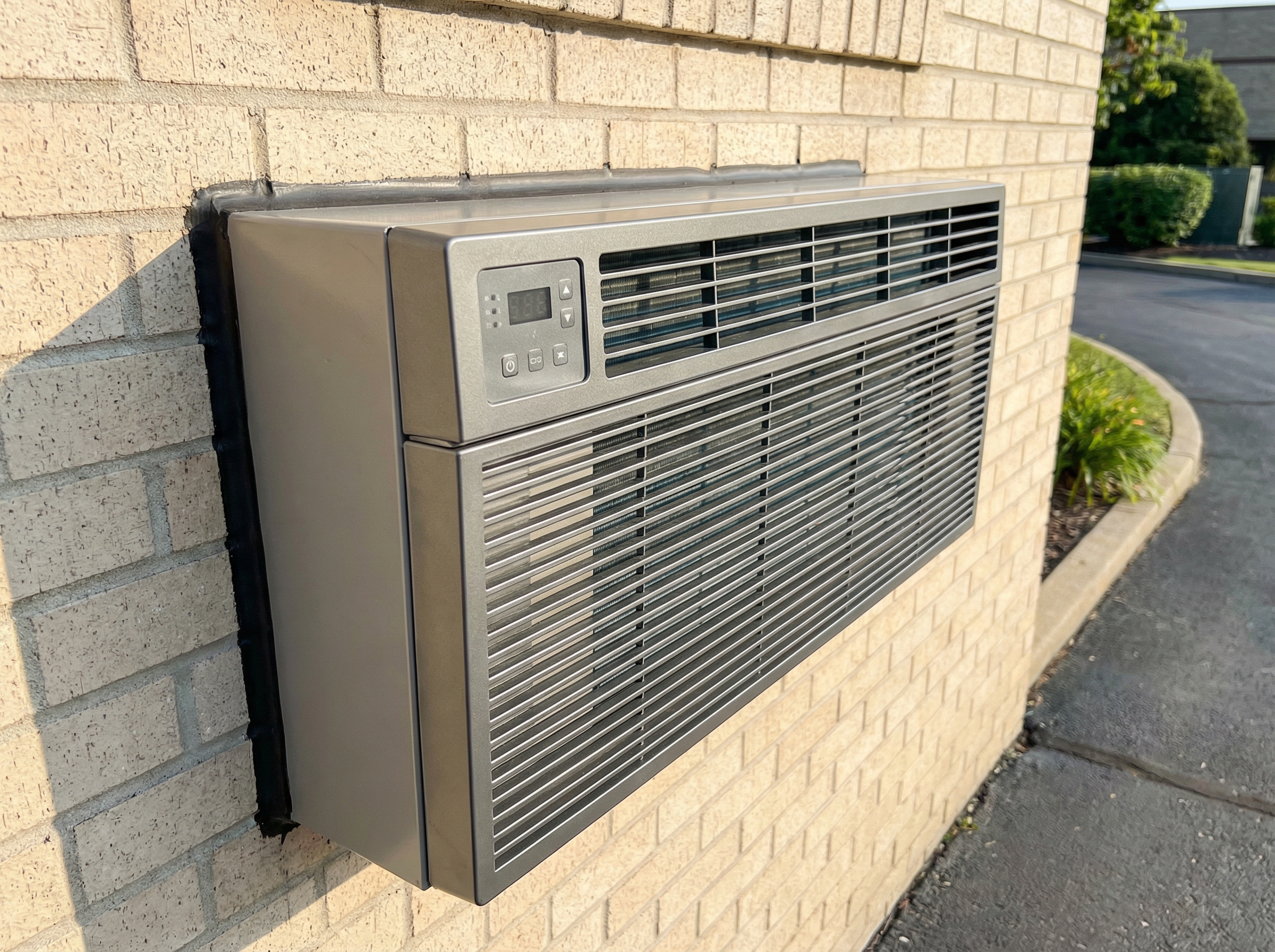 A close-up view of a Packaged Terminal Air Conditioner (PTAC) unit installed through an exterior wall, showcasing its self-co