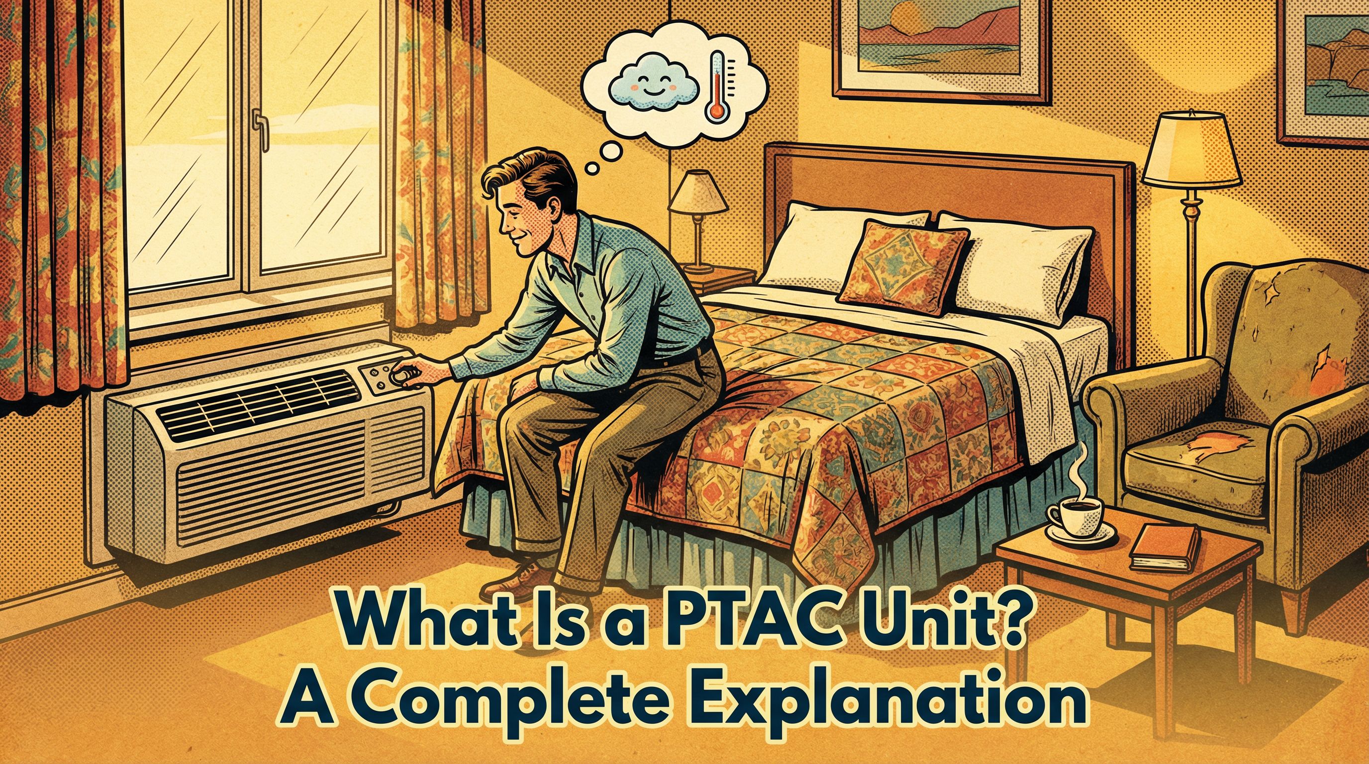 A cozy hotel room featuring a PTAC unit installed beneath a window