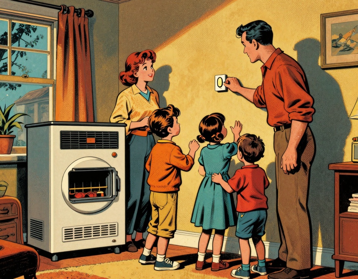 A mid-century American family in their cozy living room, comfortably enjoying their time together during winter