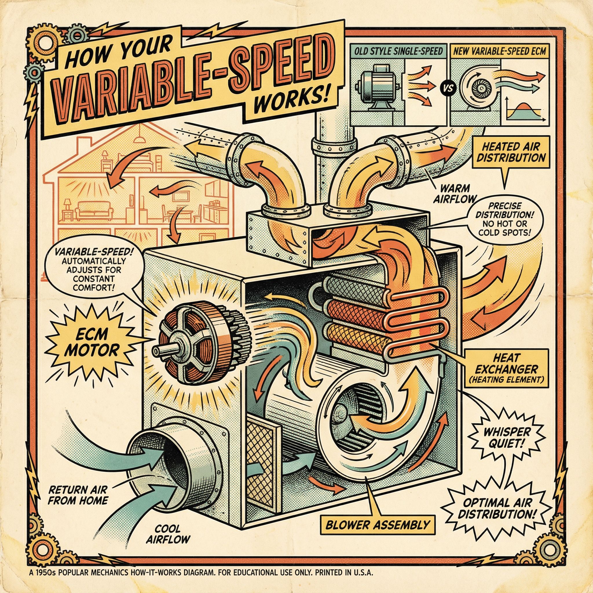 A cross-sectional view of a variable-speed furnace, showcasing the internal components such as the electronically commutated 