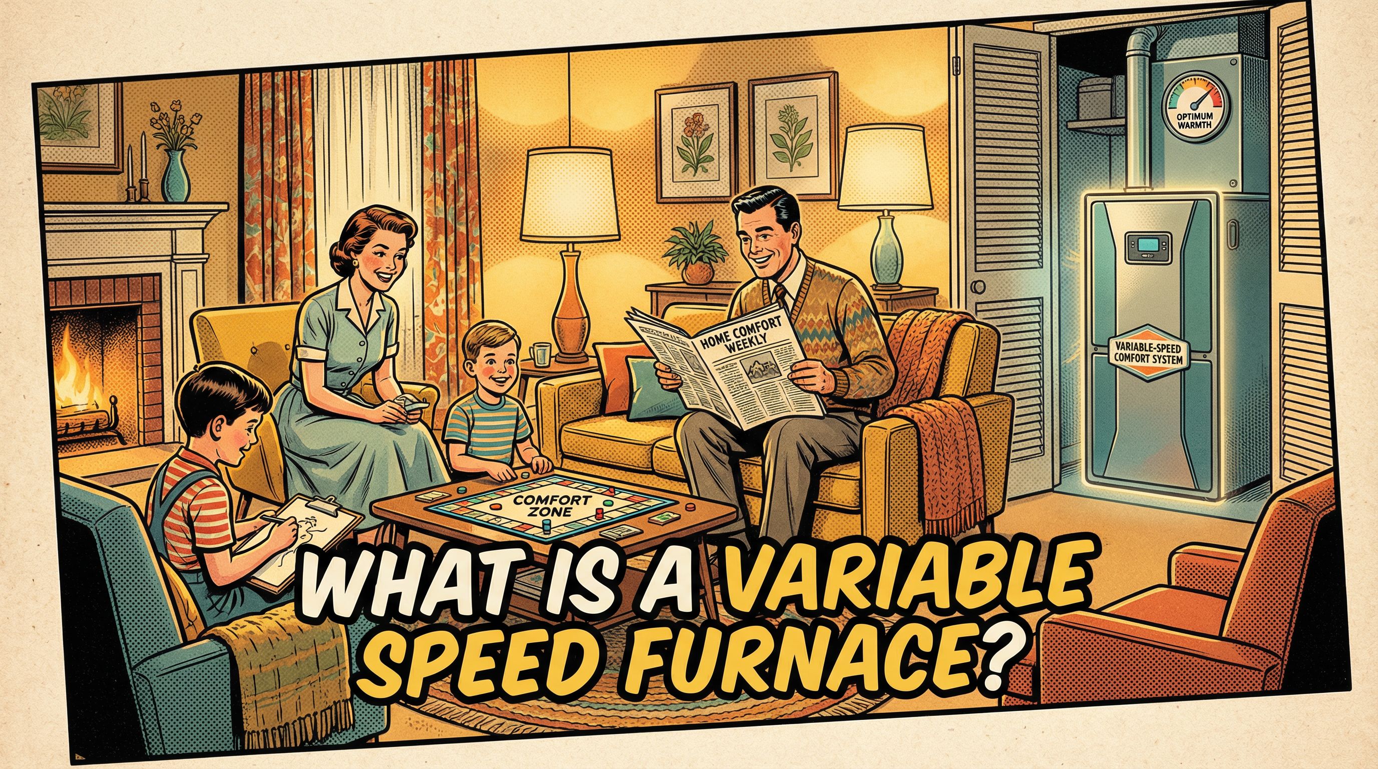 A warm and inviting living room scene featuring a vintage variable-speed furnace prominently installed next to a cozy firepla